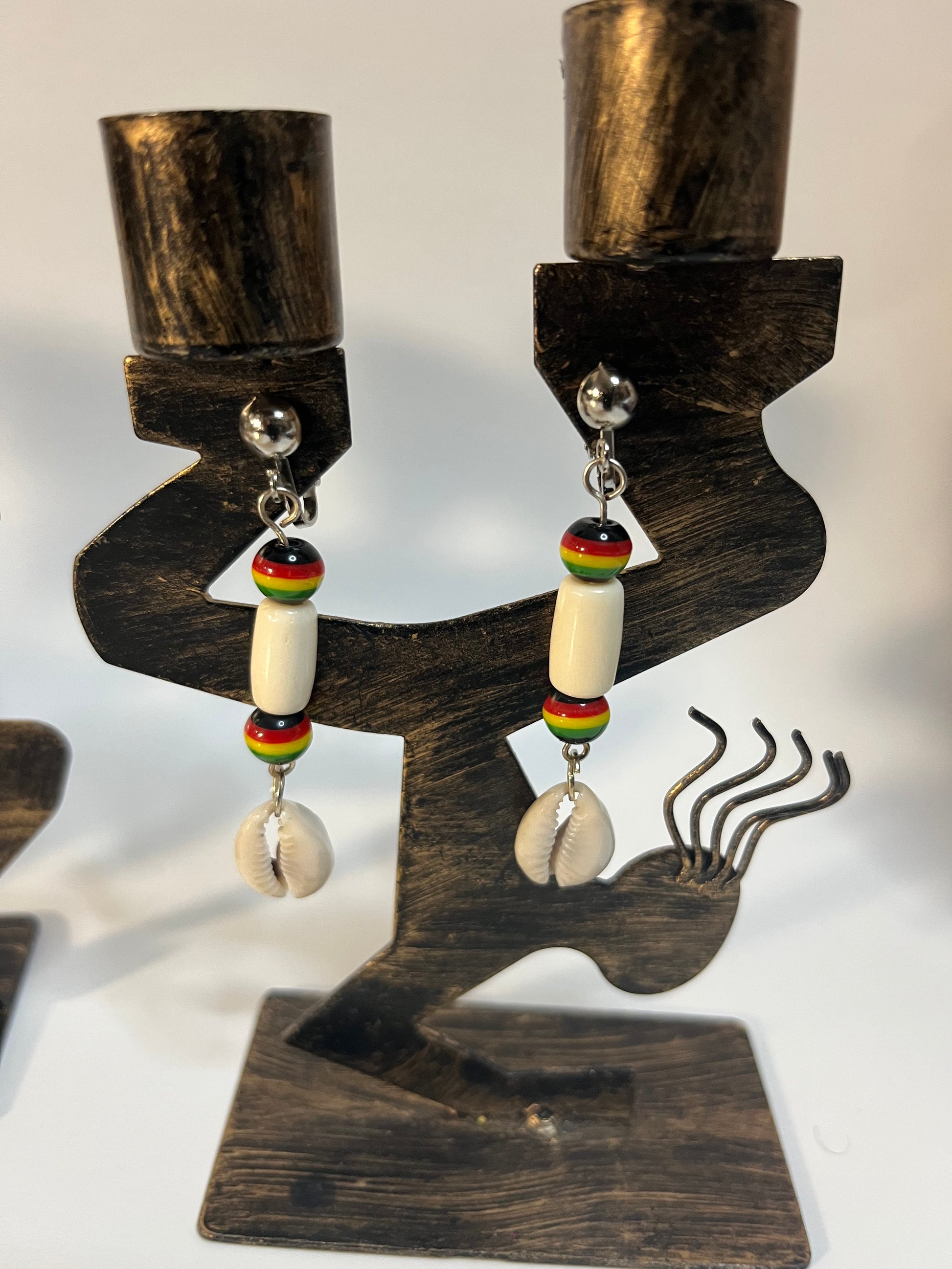 African Bone Cowrie Clip On Earrings 4 Pair Dangles2-3" Boho Hippie USA Made F3