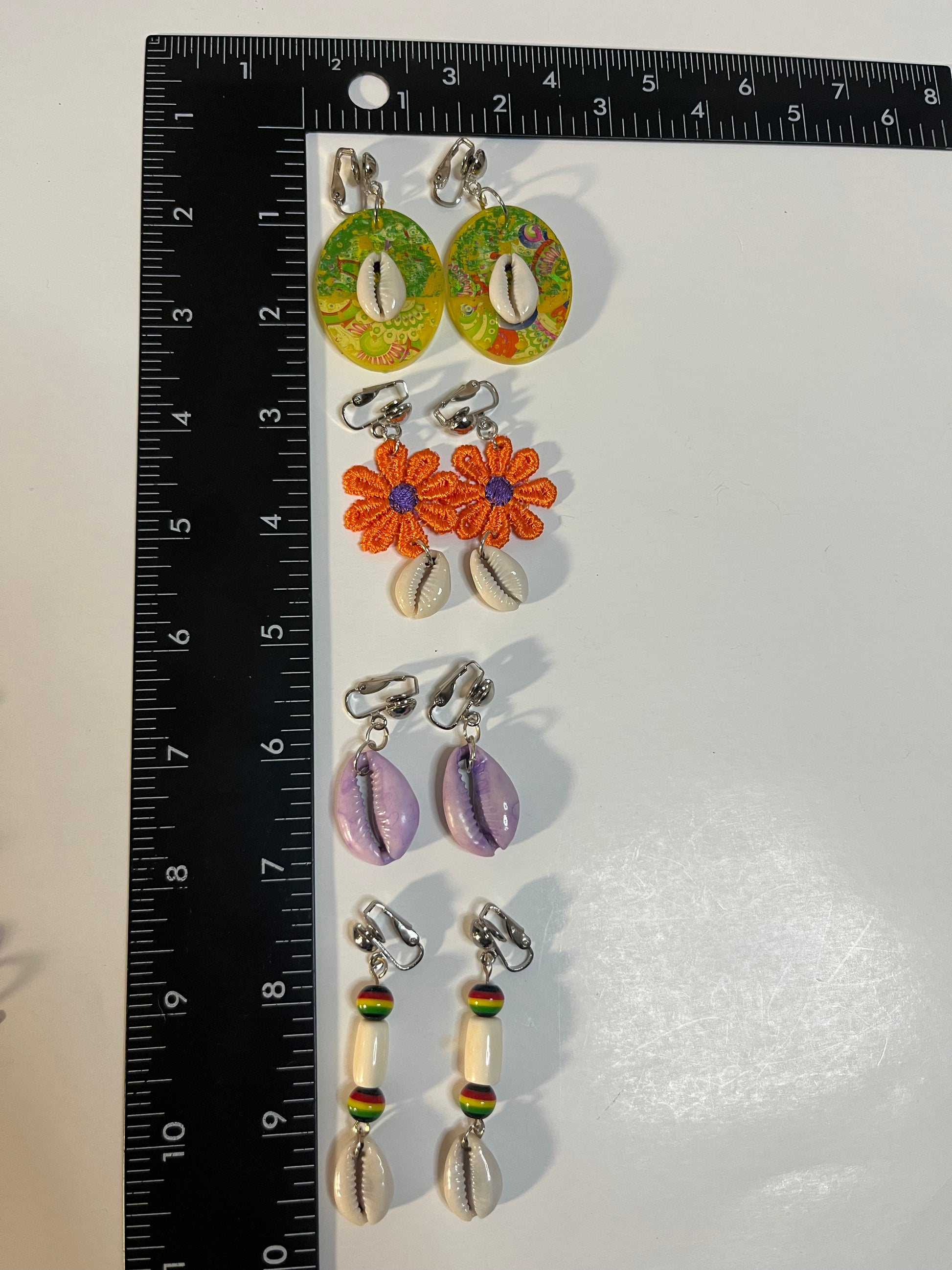 African Bone Cowrie Clip On Earrings 4 Pair Dangles2-3" Boho Hippie USA Made F3