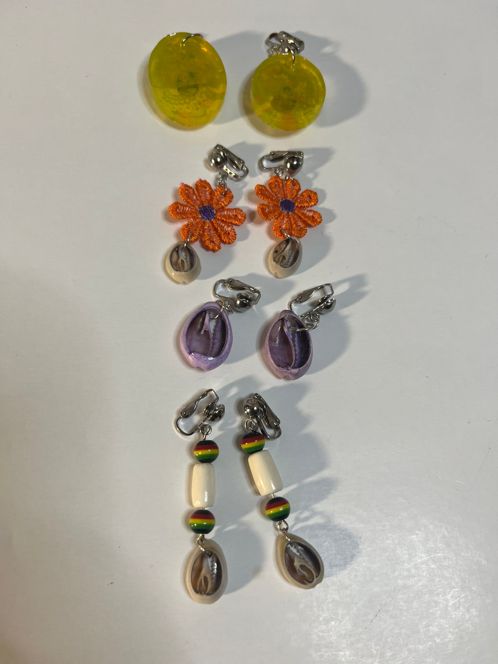 African Bone Cowrie Clip On Earrings 4 Pair Dangles2-3" Boho Hippie USA Made F3