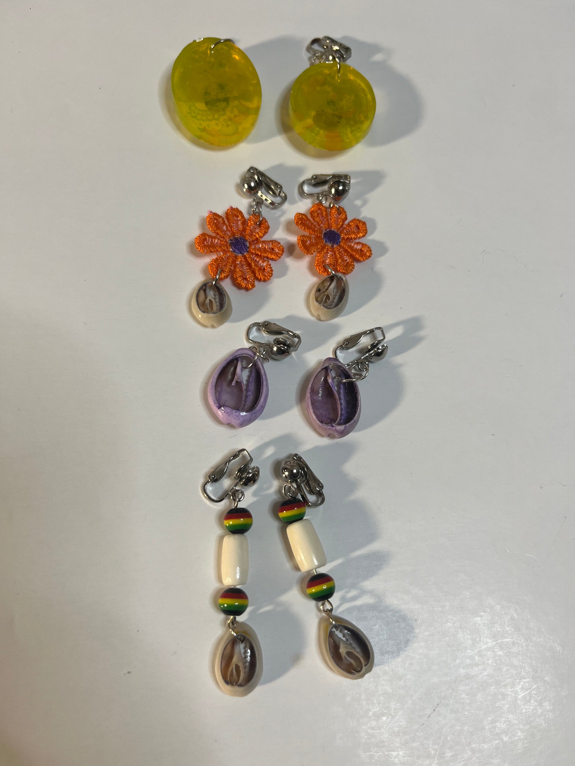 African Bone Cowrie Clip On Earrings 4 Pair Dangles2-3" Boho Hippie USA Made F3