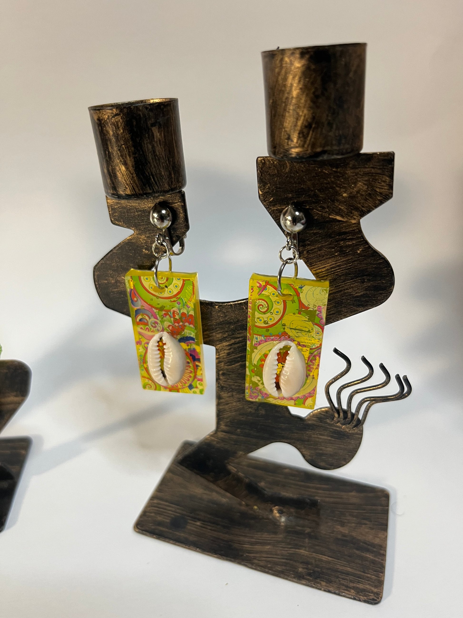 African Bone Cowrie Clip On Earrings 4 Pair Dangles2-3" Boho Hippie USA Made F2