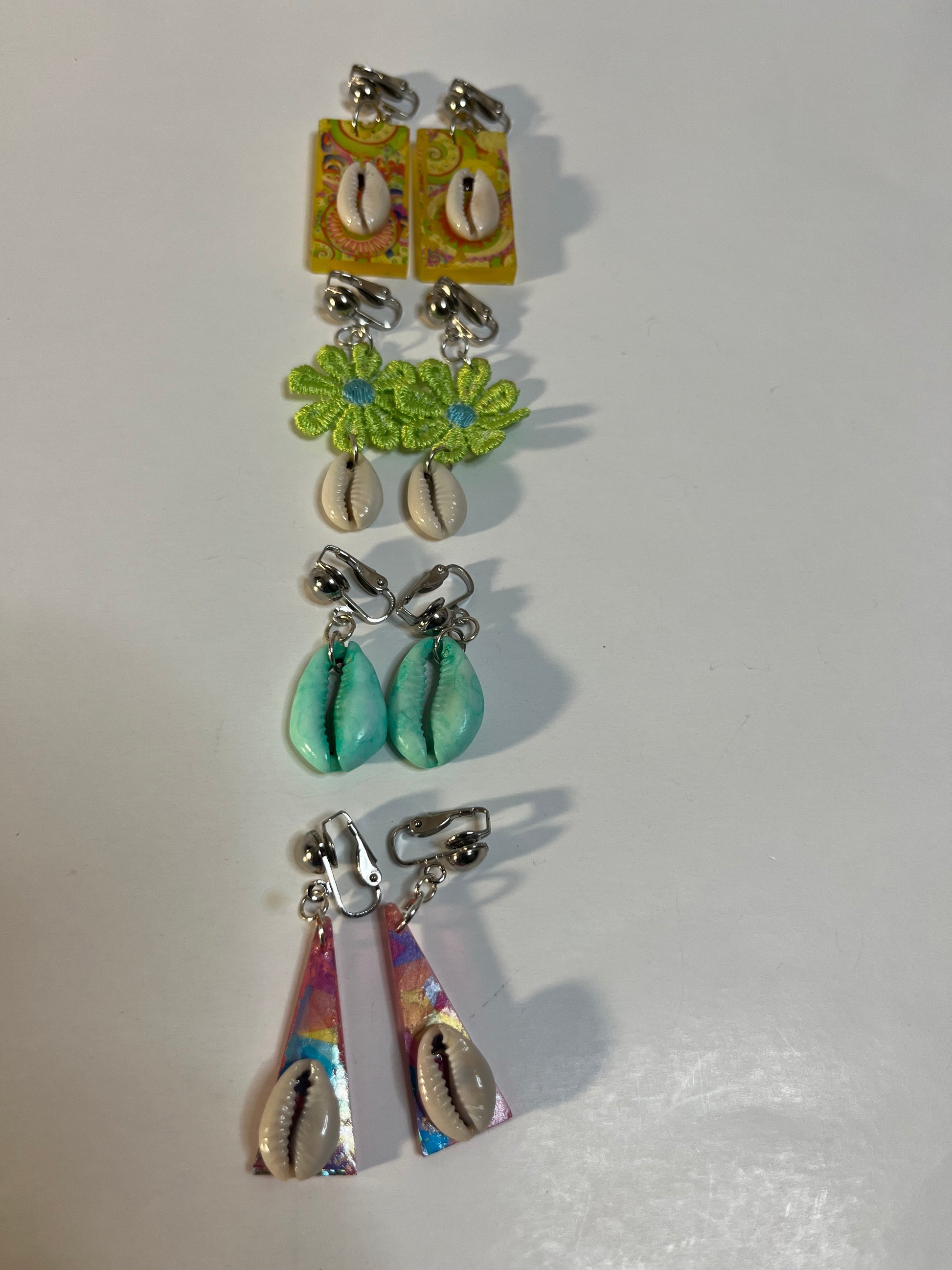 African Bone Cowrie Clip On Earrings 4 Pair Dangles2-3" Boho Hippie USA Made F2