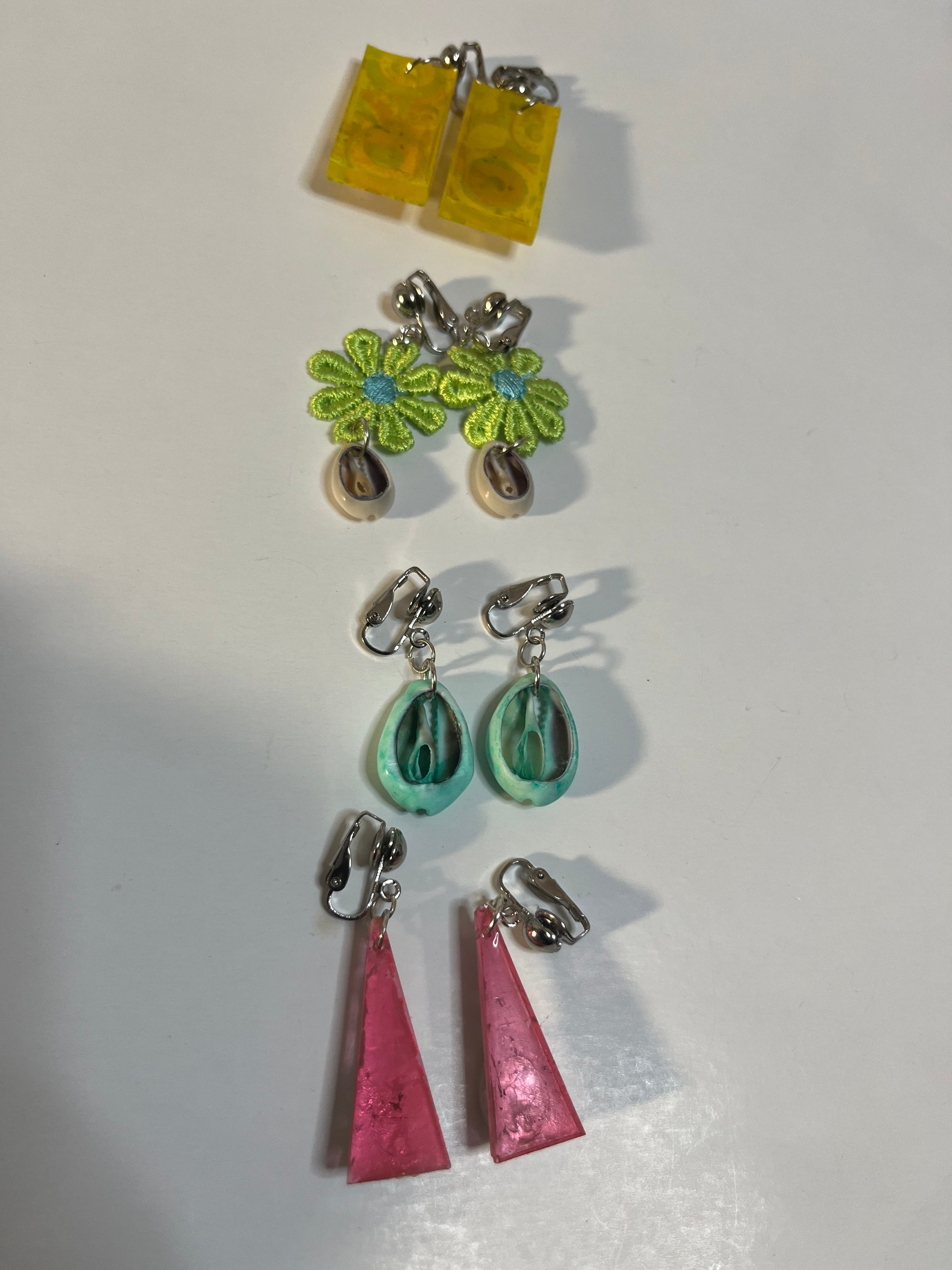 African Bone Cowrie Clip On Earrings 4 Pair Dangles2-3" Boho Hippie USA Made F2