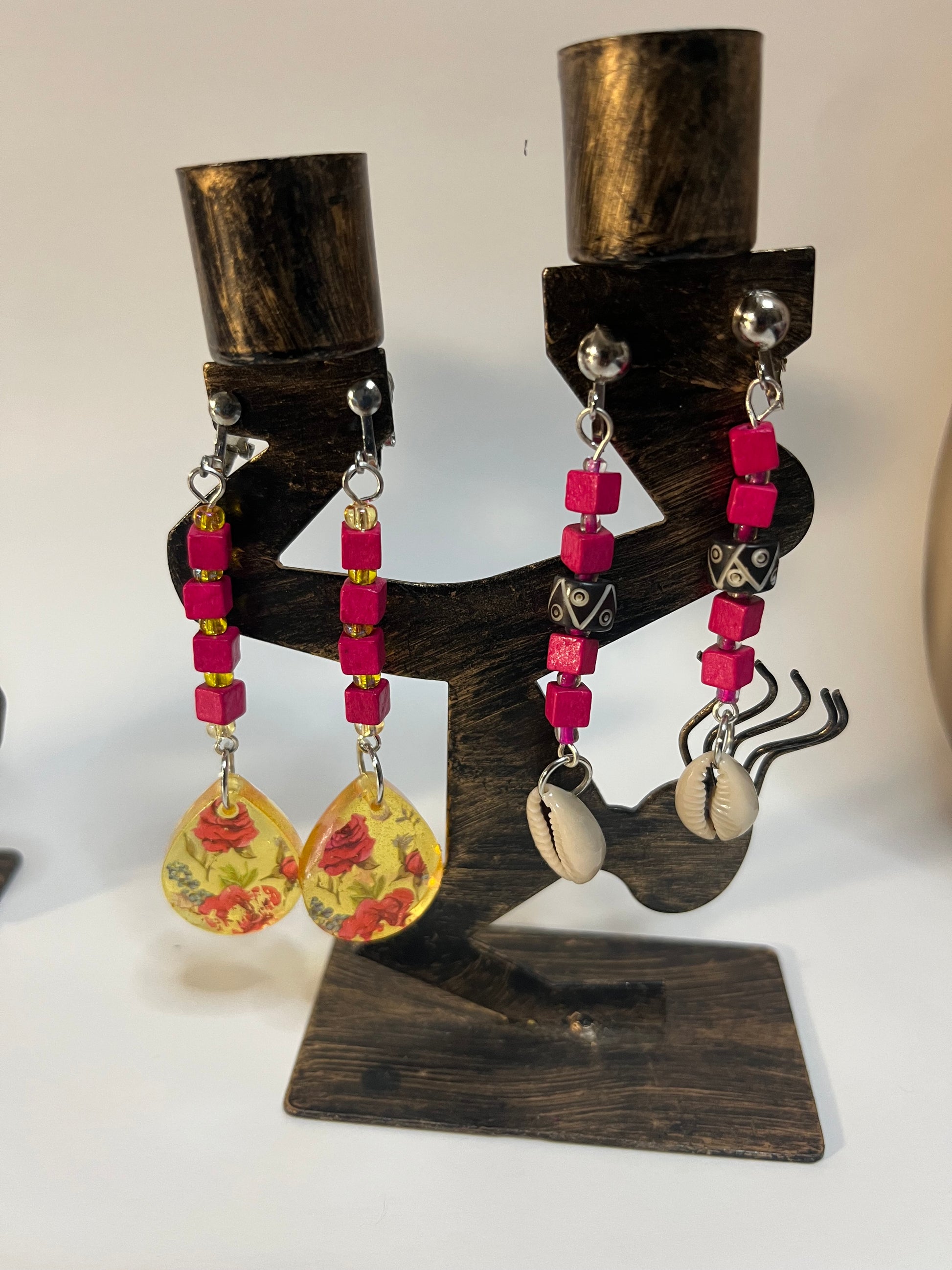 African Cowrie Clip On Earrings 4 Pair Dangles 3-5" Boho Hippie USA Made F1