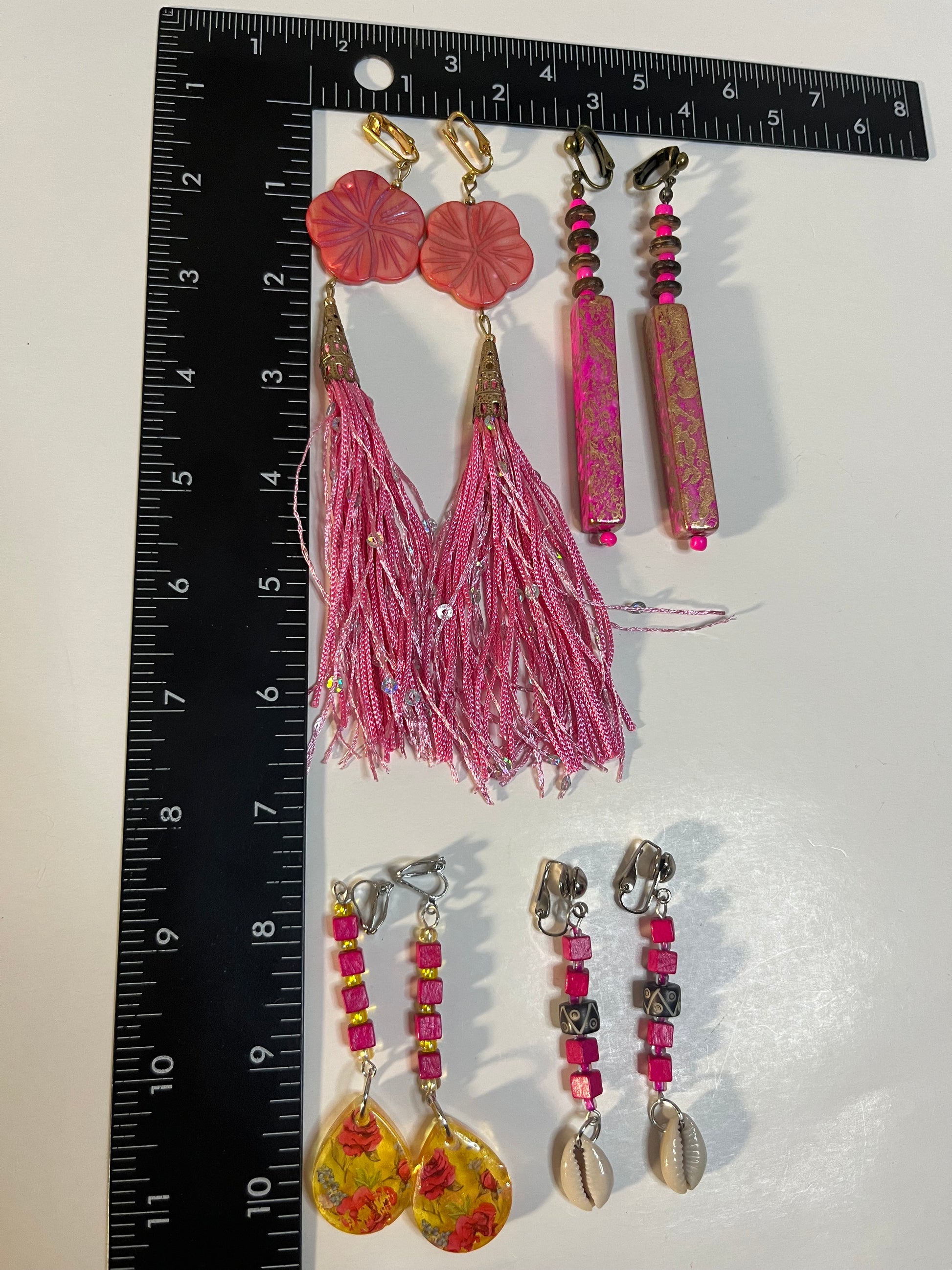 African Cowrie Clip On Earrings 4 Pair Dangles 3-5" Boho Hippie USA Made F1