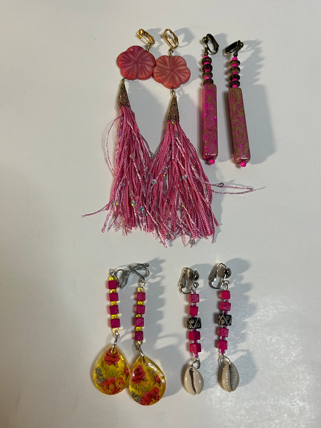 African Cowrie Clip On Earrings 4 Pair Dangles 3-5" Boho Hippie USA Made F1