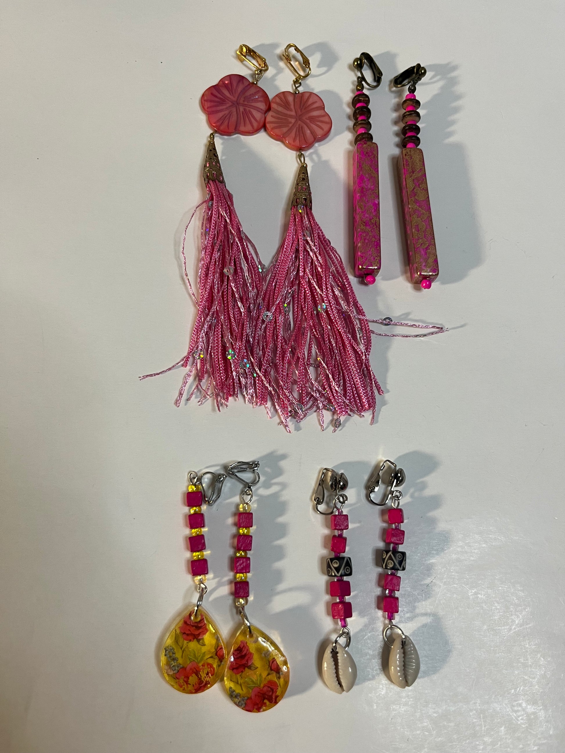 African Cowrie Clip On Earrings 4 Pair Dangles 3-5" Boho Hippie USA Made F1