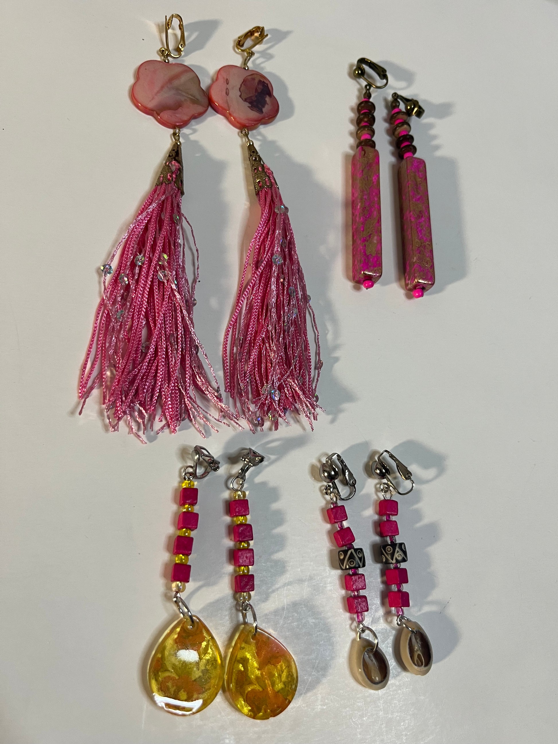 African Cowrie Clip On Earrings 4 Pair Dangles 3-5" Boho Hippie USA Made F1