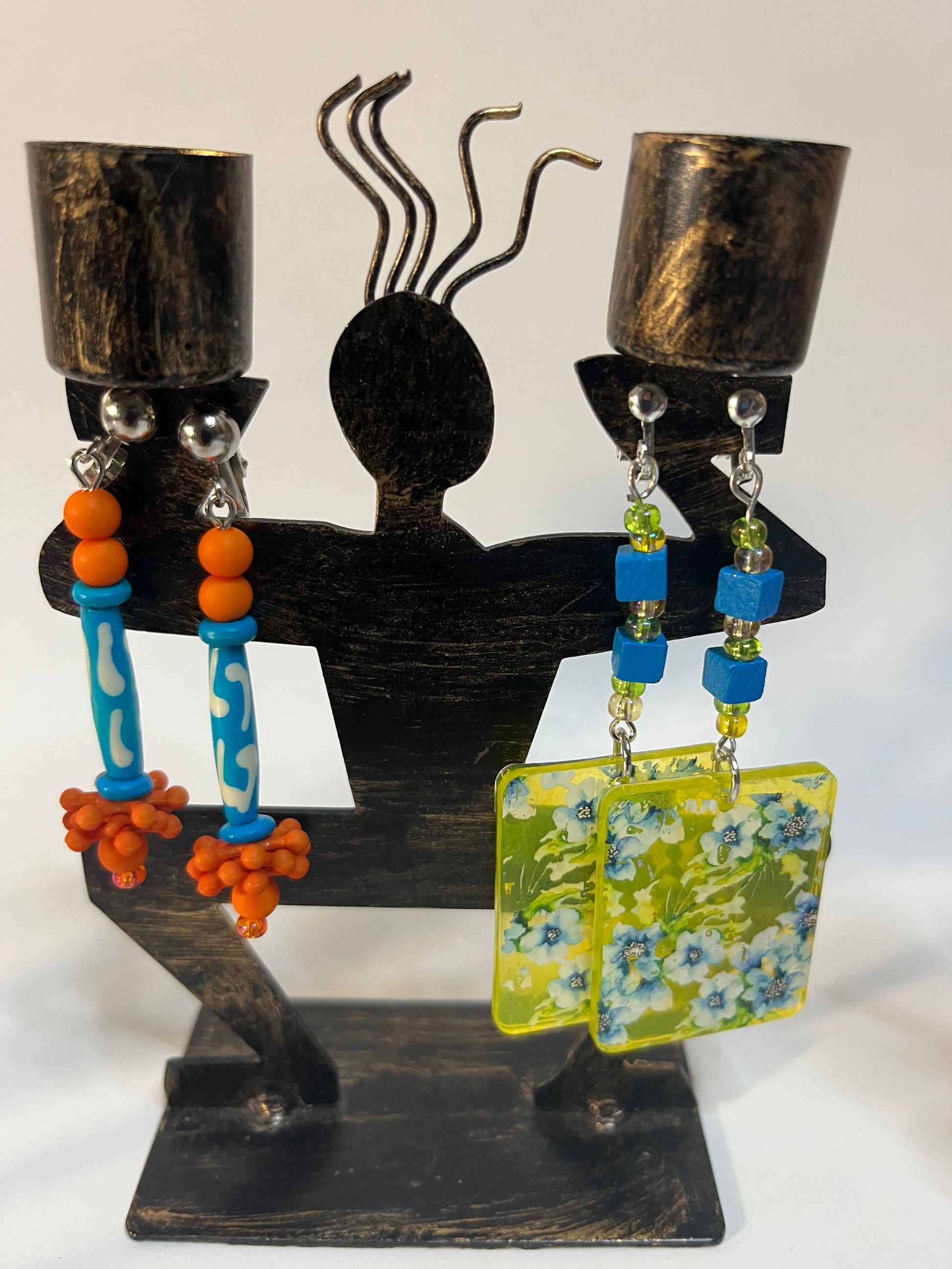 African Bone Cowrie Clip On Earrings 4 Pair Dangles 3-5" Boho Hippie USA Made E9