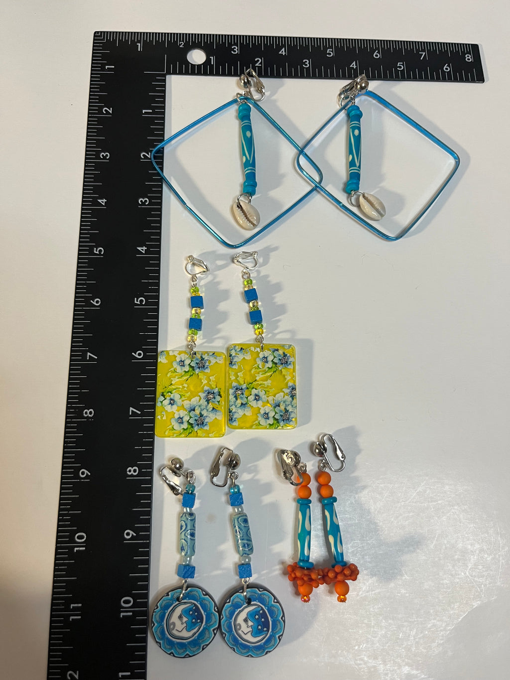 African Bone Cowrie Clip On Earrings 4 Pair Dangles 3-5" Boho Hippie USA Made E9