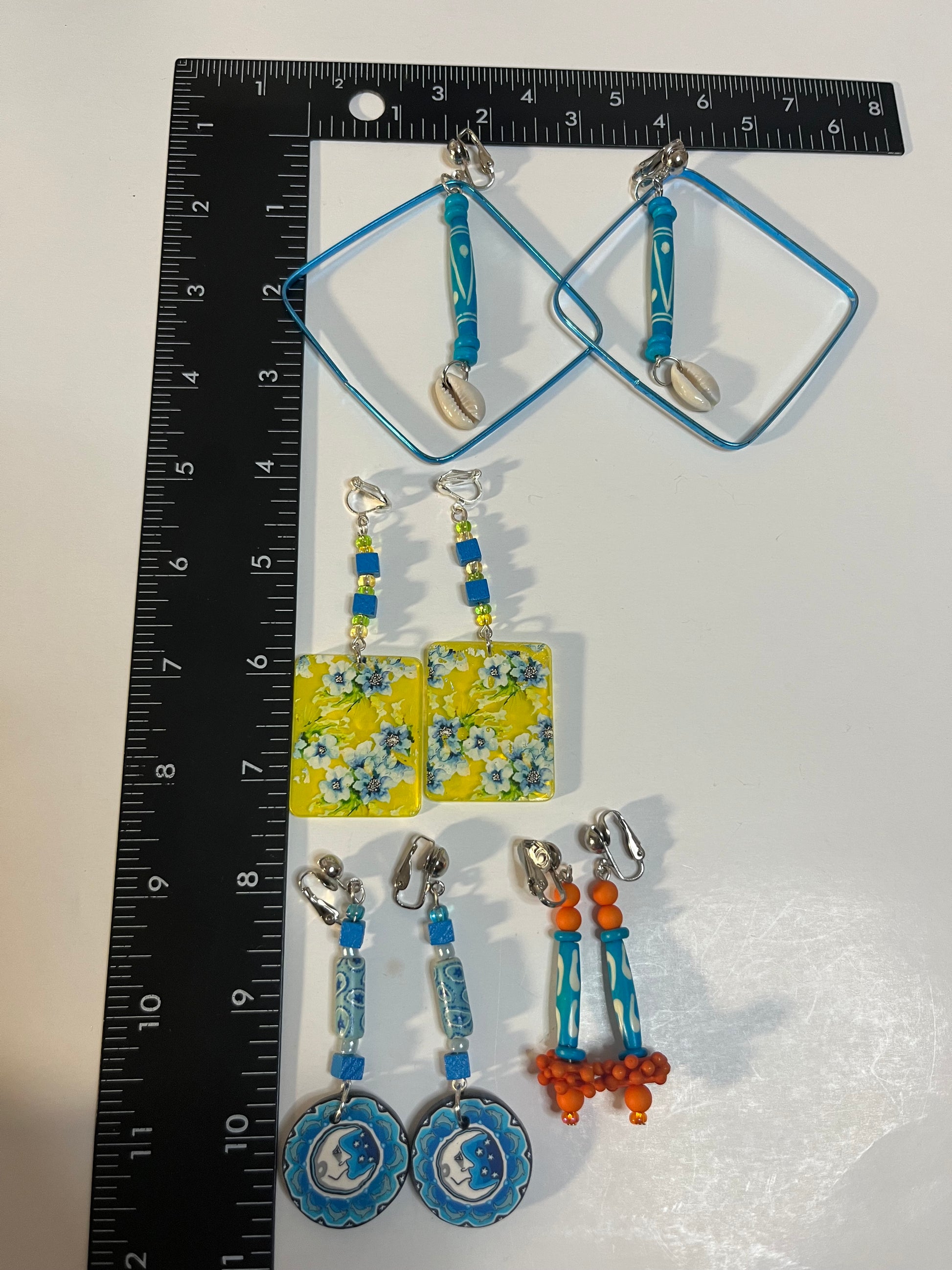 African Bone Cowrie Clip On Earrings 4 Pair Dangles 3-5" Boho Hippie USA Made E9