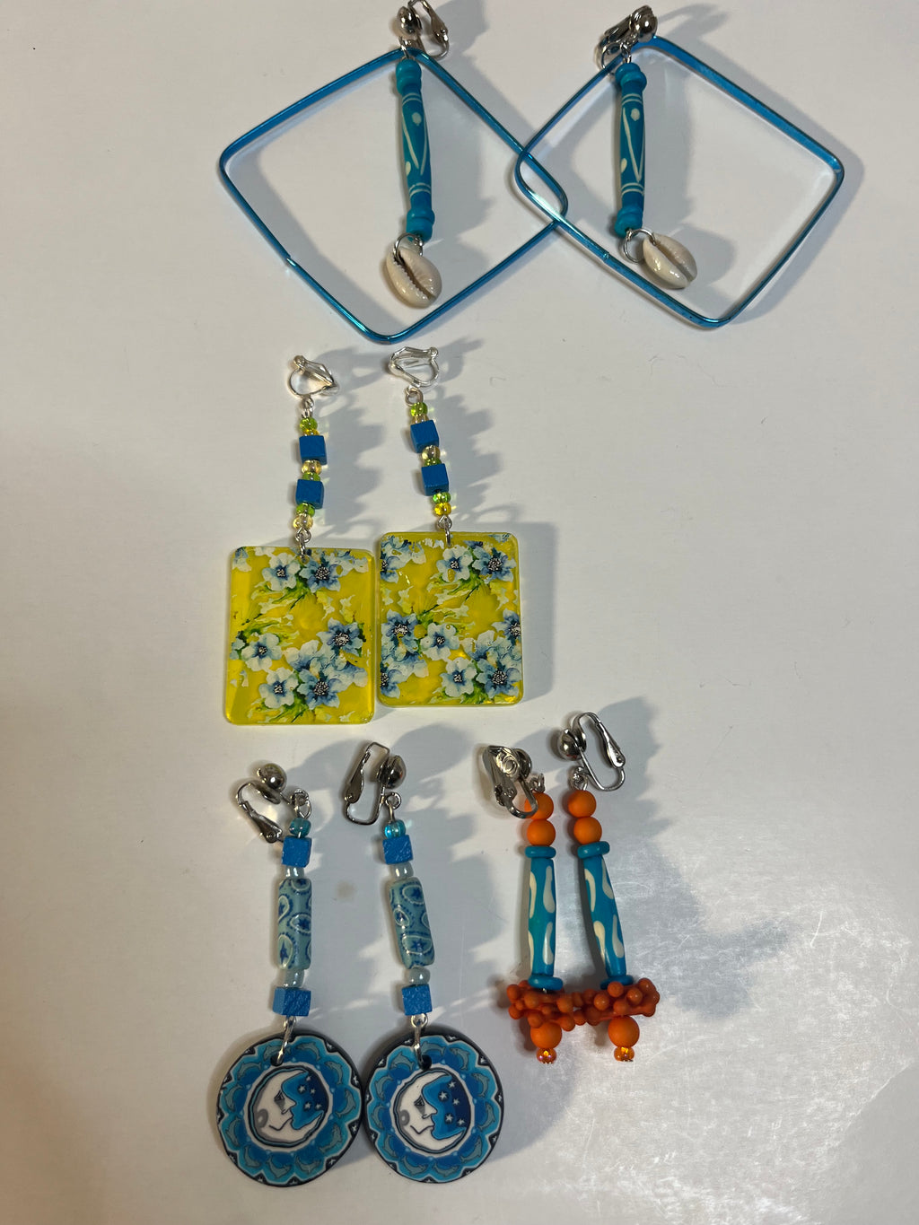 African Bone Cowrie Clip On Earrings 4 Pair Dangles 3-5" Boho Hippie USA Made E9