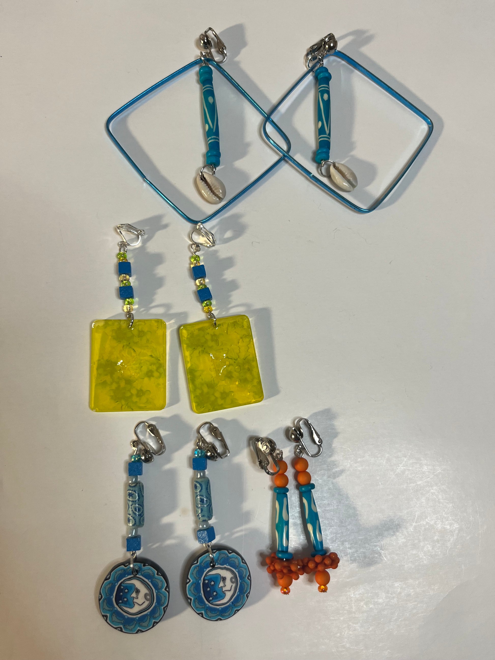 African Bone Cowrie Clip On Earrings 4 Pair Dangles 3-5" Boho Hippie USA Made E9