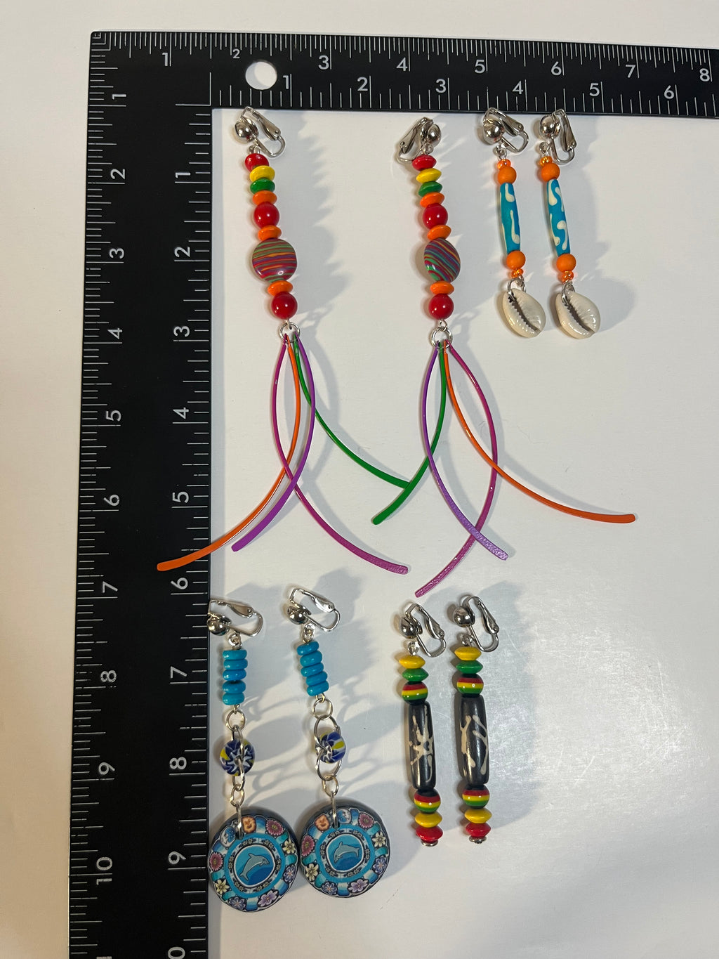 African Bone Cowrie Clip On Earrings 4 Pair Dangles 3-5" Boho Hippie USA Made E7