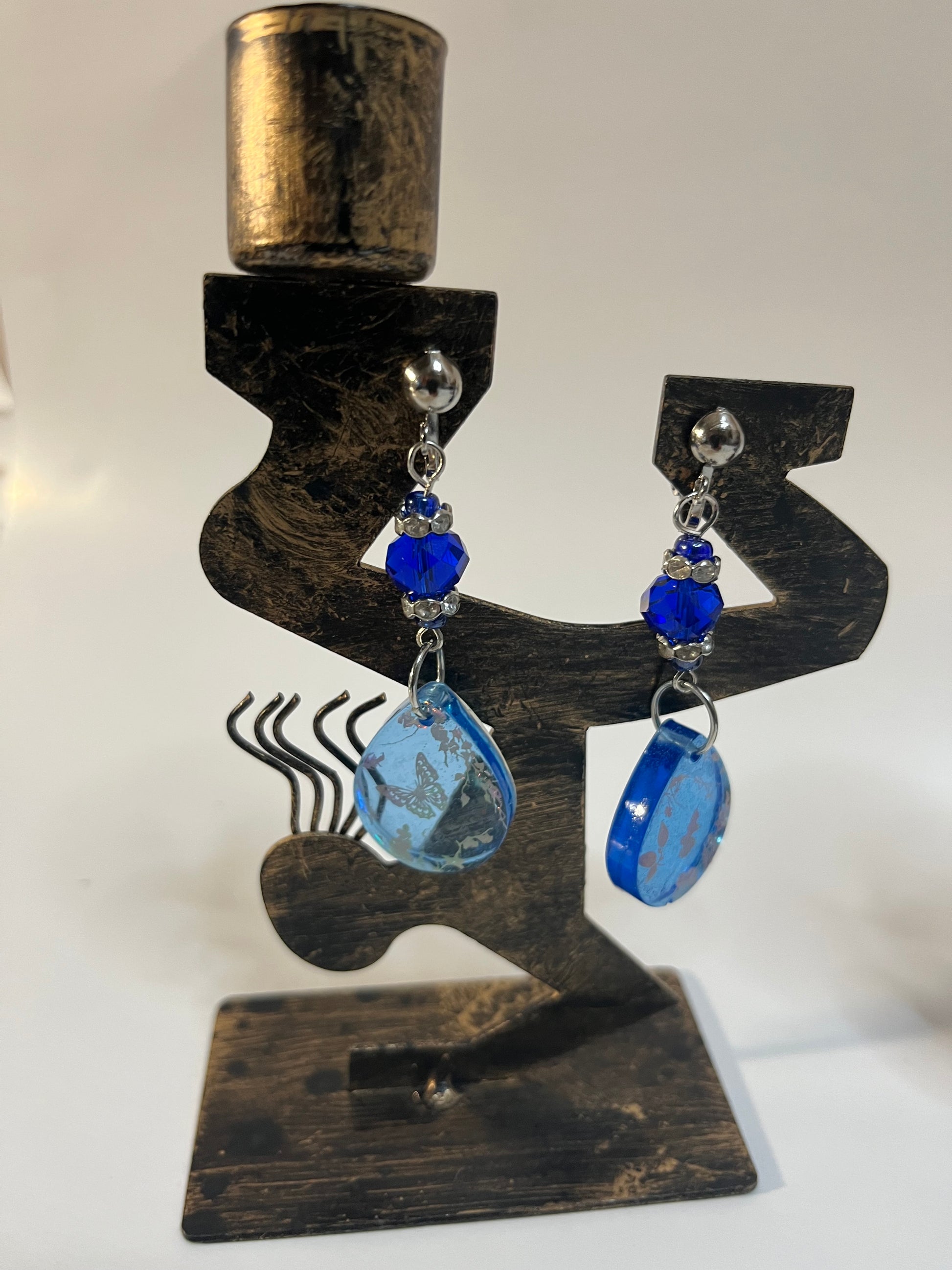 Glass Wood & Resin Clip On Earrings 4 Pair Dangles 1-2" Boho Hippie USA Made F8