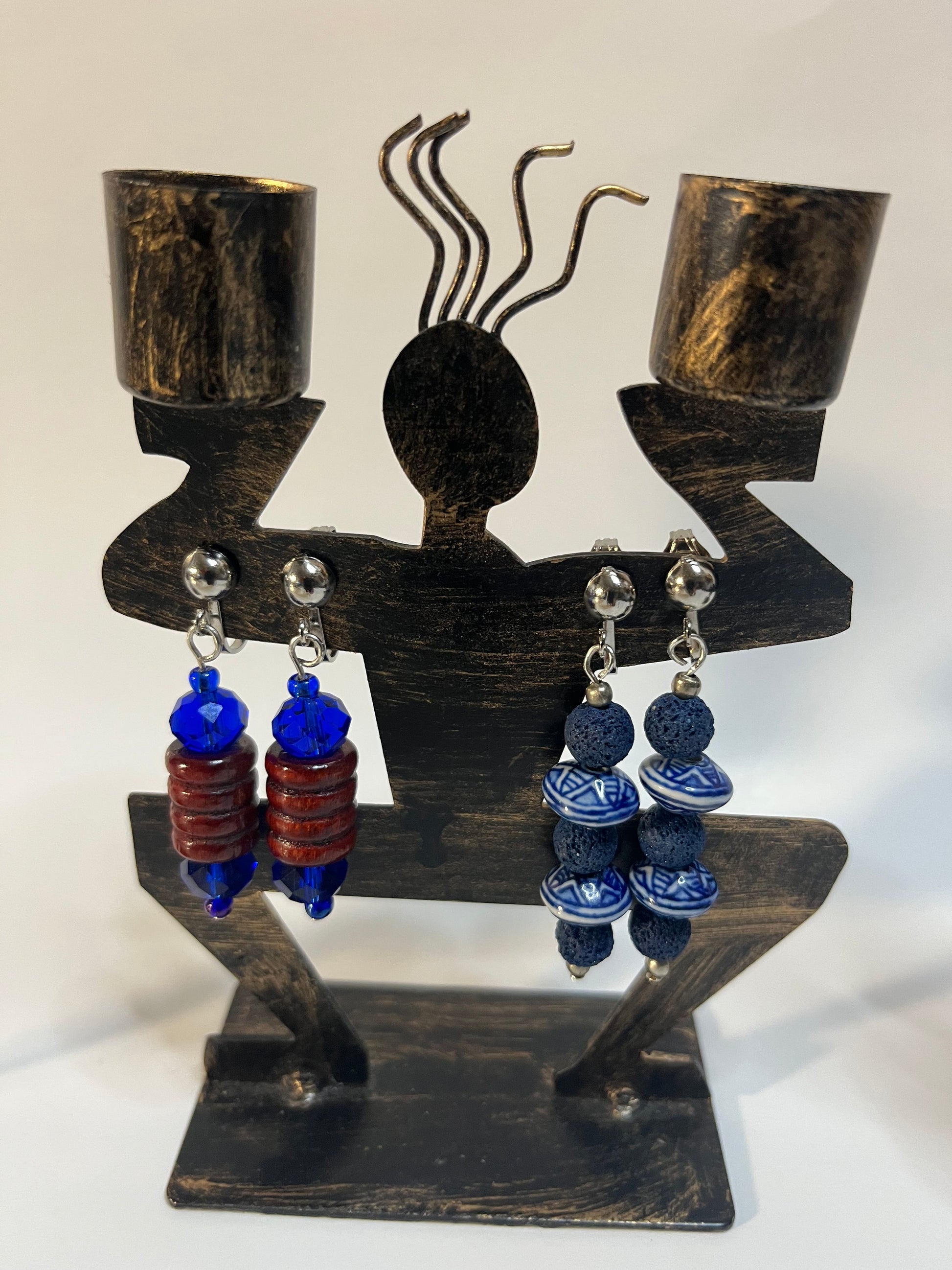 Glass Wood & Resin Clip On Earrings 4 Pair Dangles 1-2" Boho Hippie USA Made F8
