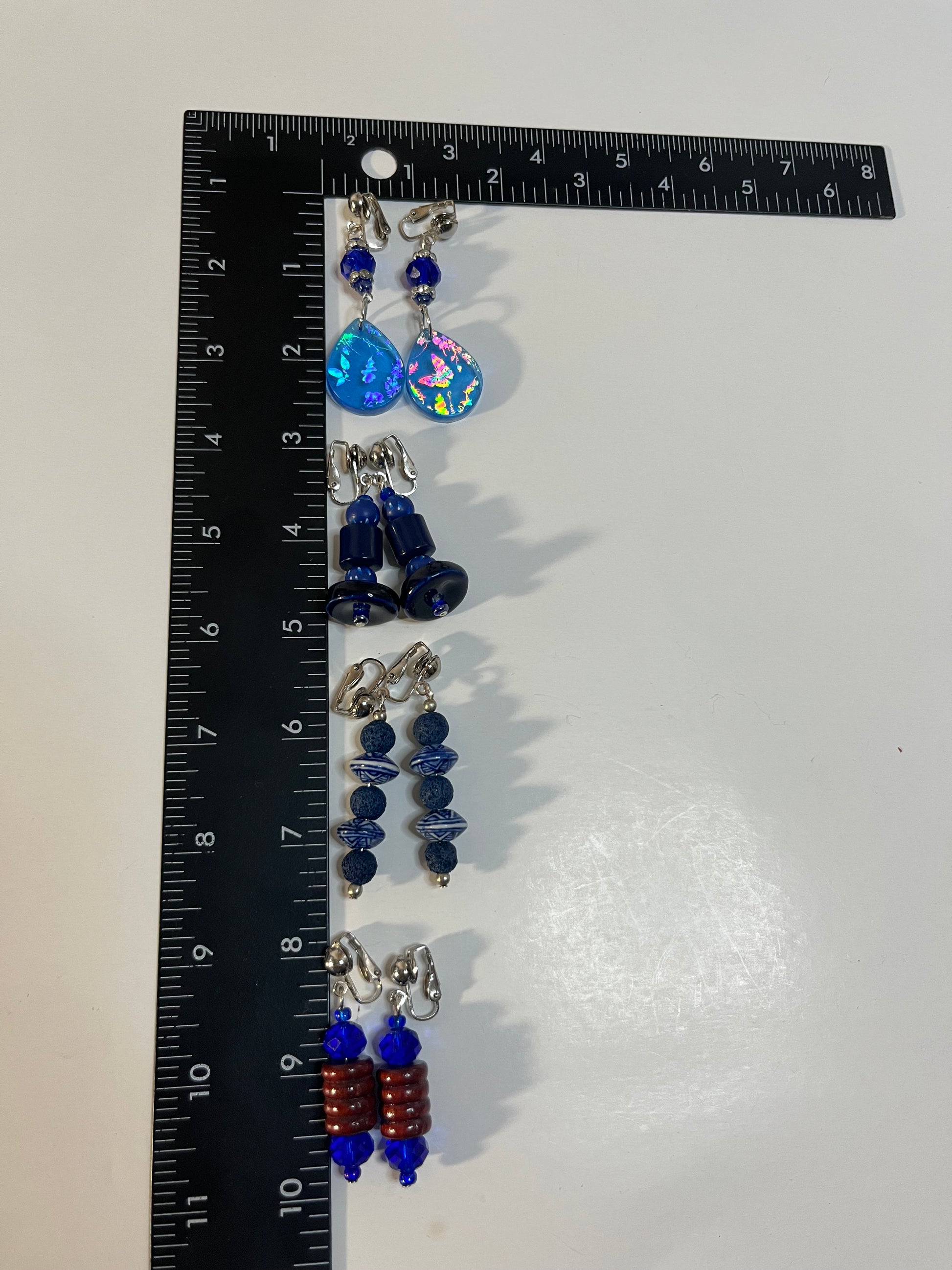 Glass Wood & Resin Clip On Earrings 4 Pair Dangles 1-2" Boho Hippie USA Made F8