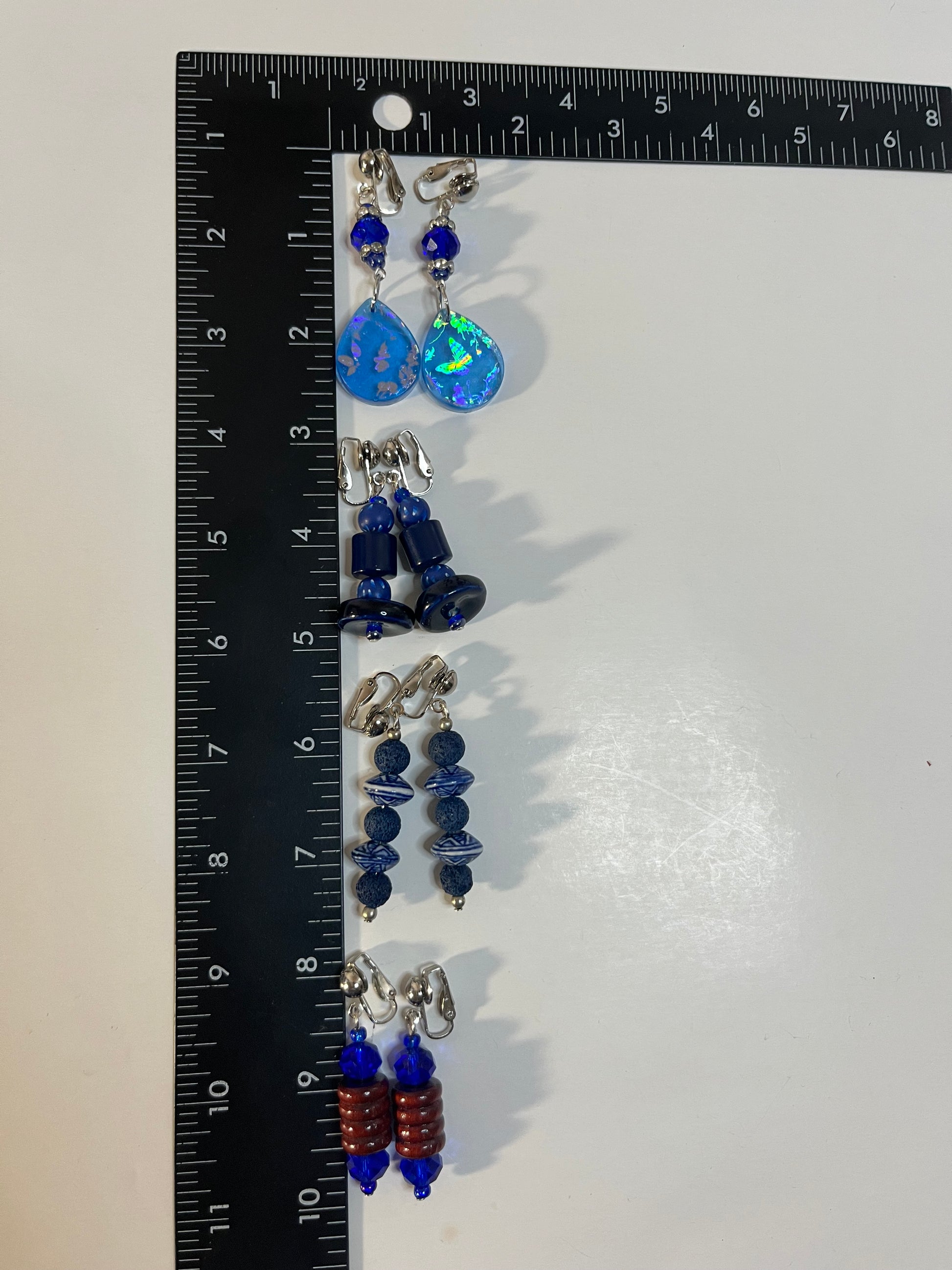Glass Wood & Resin Clip On Earrings 4 Pair Dangles 1-2" Boho Hippie USA Made F8