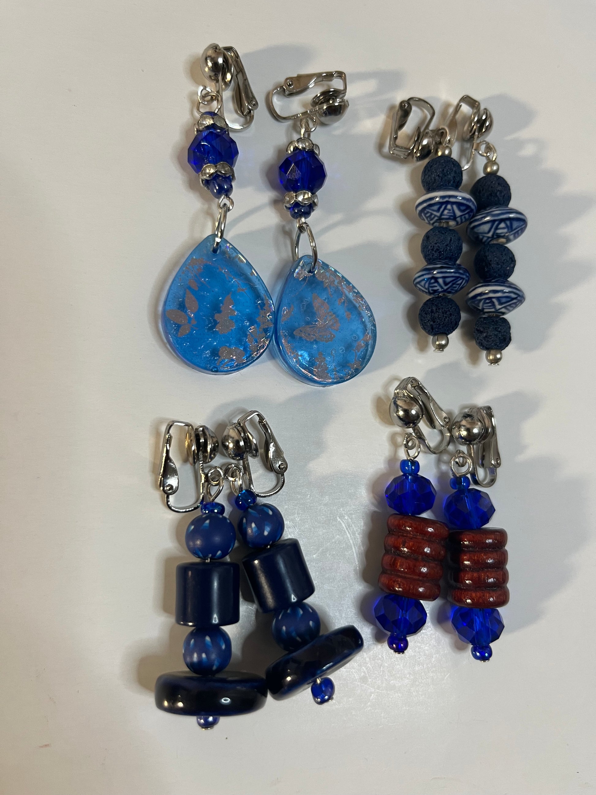 Glass Wood & Resin Clip On Earrings 4 Pair Dangles 1-2" Boho Hippie USA Made F8