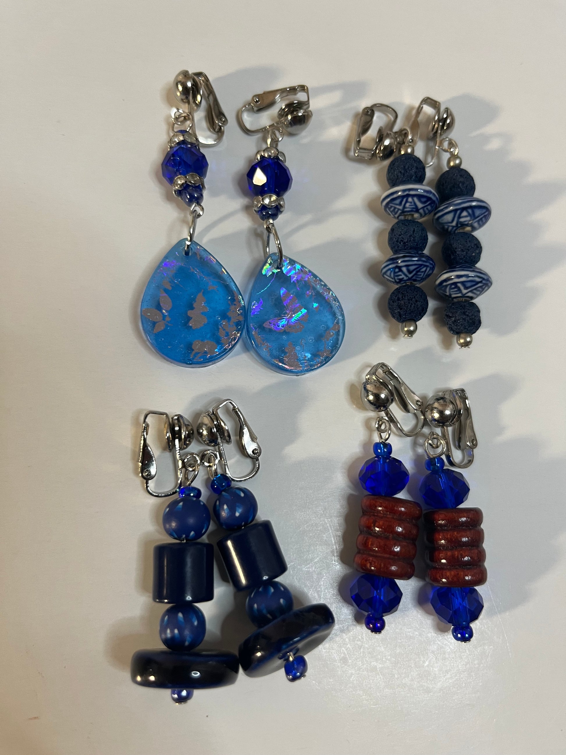 Glass Wood & Resin Clip On Earrings 4 Pair Dangles 1-2" Boho Hippie USA Made F8