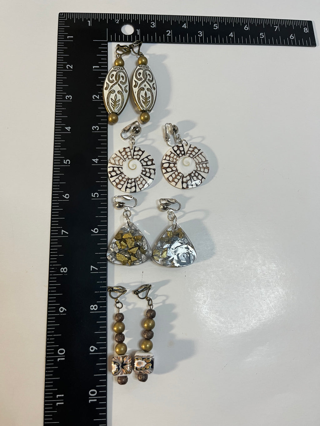 Mother of Pearl Resin Clip On Earrings 4 Pair Dangle2-3" Boho Hippie USA Made F5