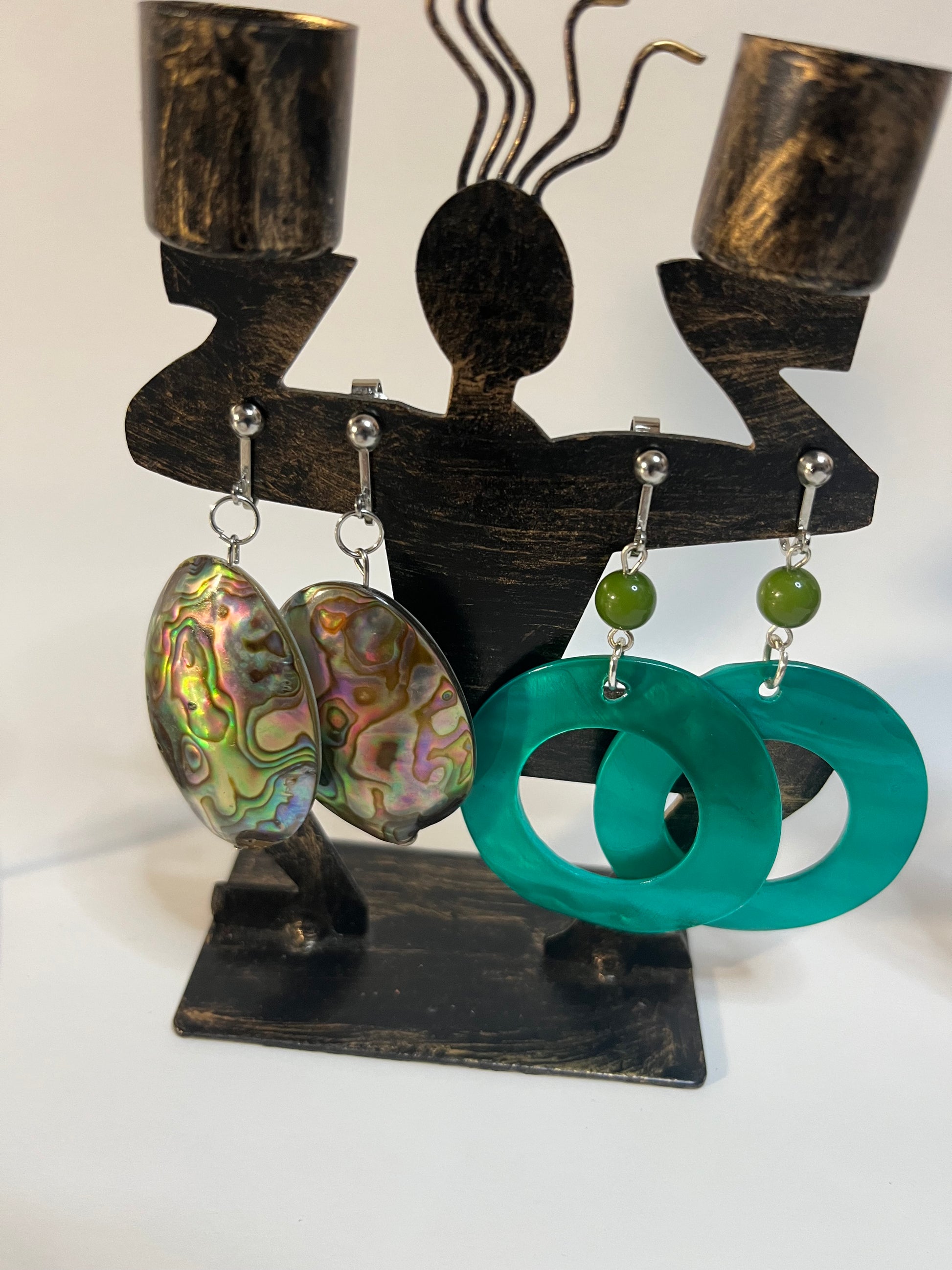 Mother of Pearl & Resin Clip On/Pierced Earrings 4 Pair Dangles 2-3" Boho Hippie USA Made F4