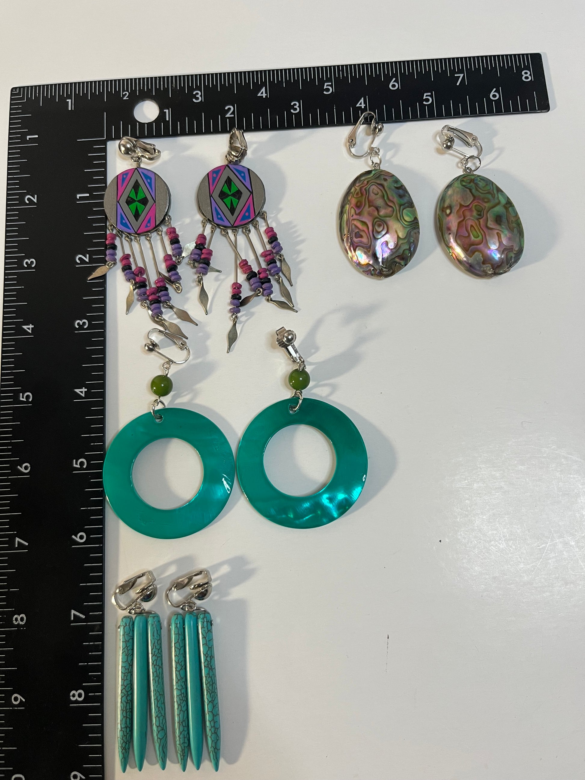 Mother of Pearl & Resin Clip On/Pierced Earrings 4 Pair Dangles 2-3" Boho Hippie USA Made F4