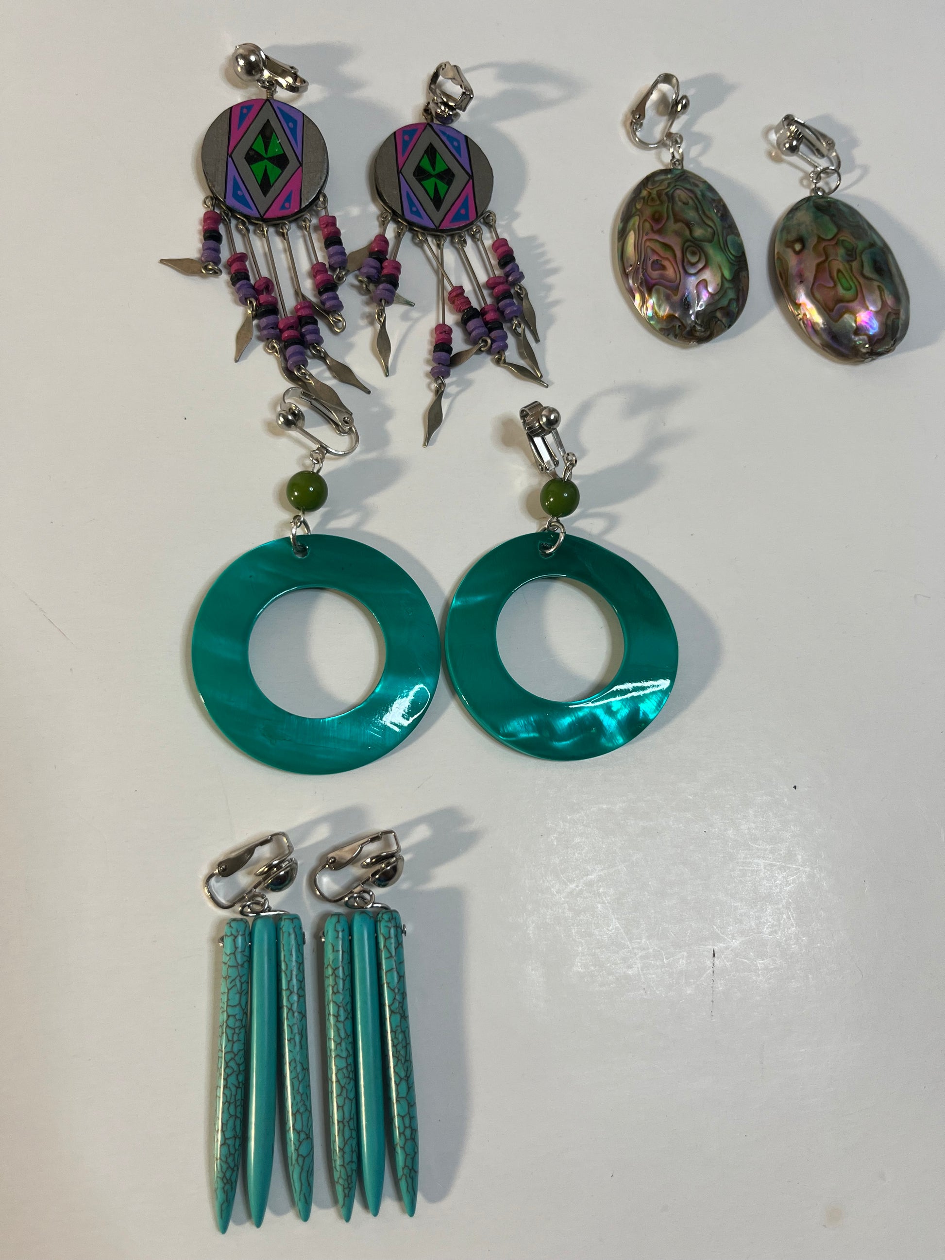 Mother of Pearl & Resin Clip On/Pierced Earrings 4 Pair Dangles 2-3" Boho Hippie USA Made F4