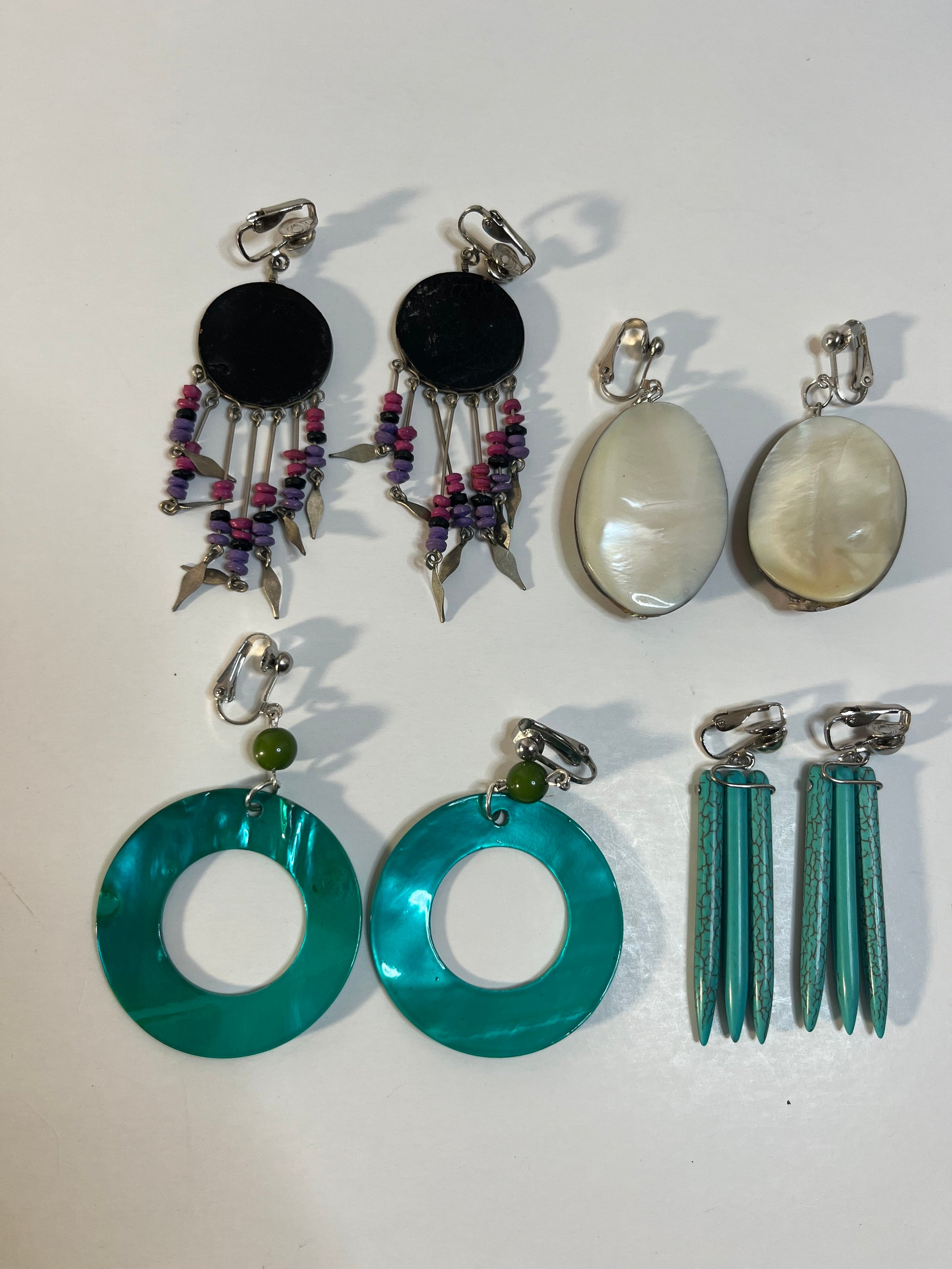 Mother of Pearl & Resin Clip On/Pierced Earrings 4 Pair Dangles 2-3" Boho Hippie USA Made F4