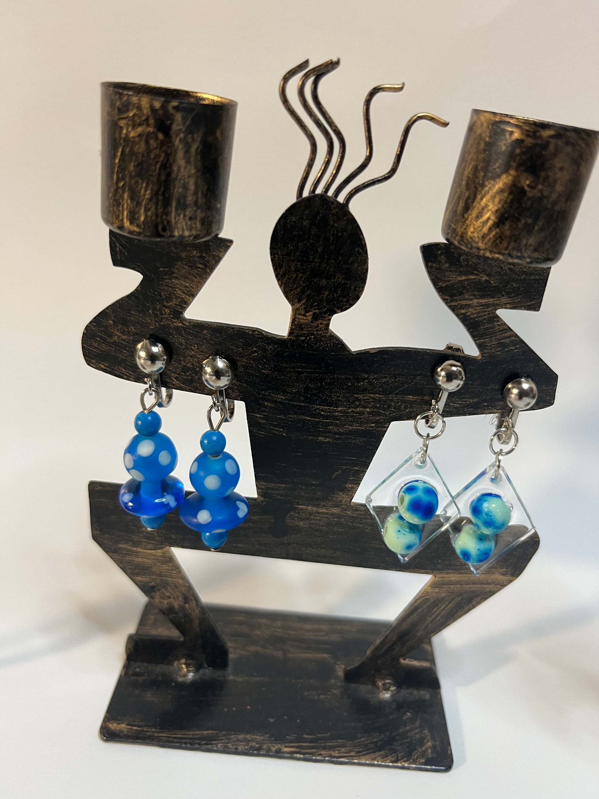 Glass & Resin Clip On Earrings 4 Pair Dangles 1" Boho Hippie USA Made F7