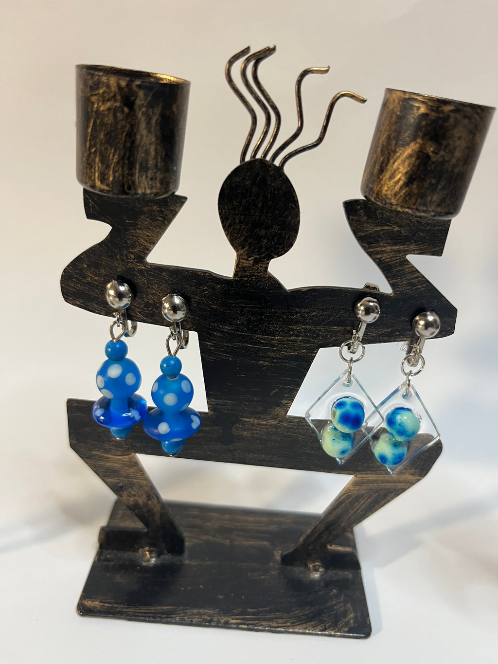 Glass & Resin Clip On Earrings 4 Pair Dangles 1" Boho Hippie USA Made F7