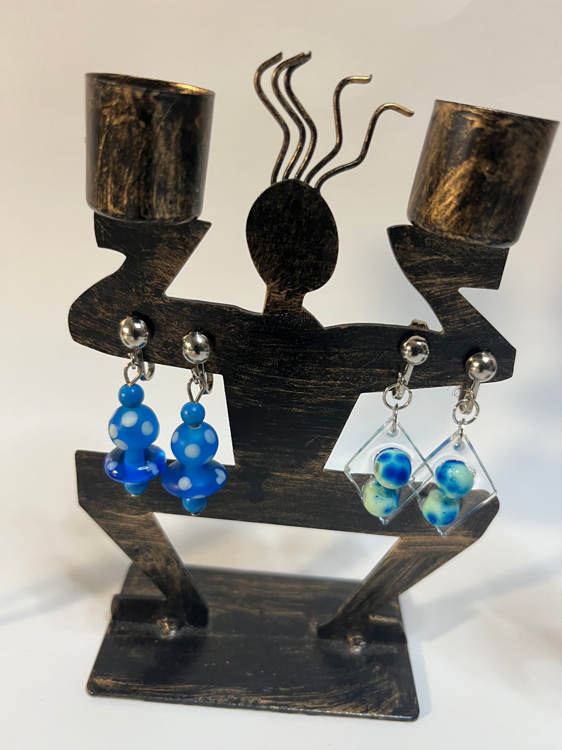 Glass & Resin Clip On Earrings 4 Pair Dangles 1" Boho Hippie USA Made F7