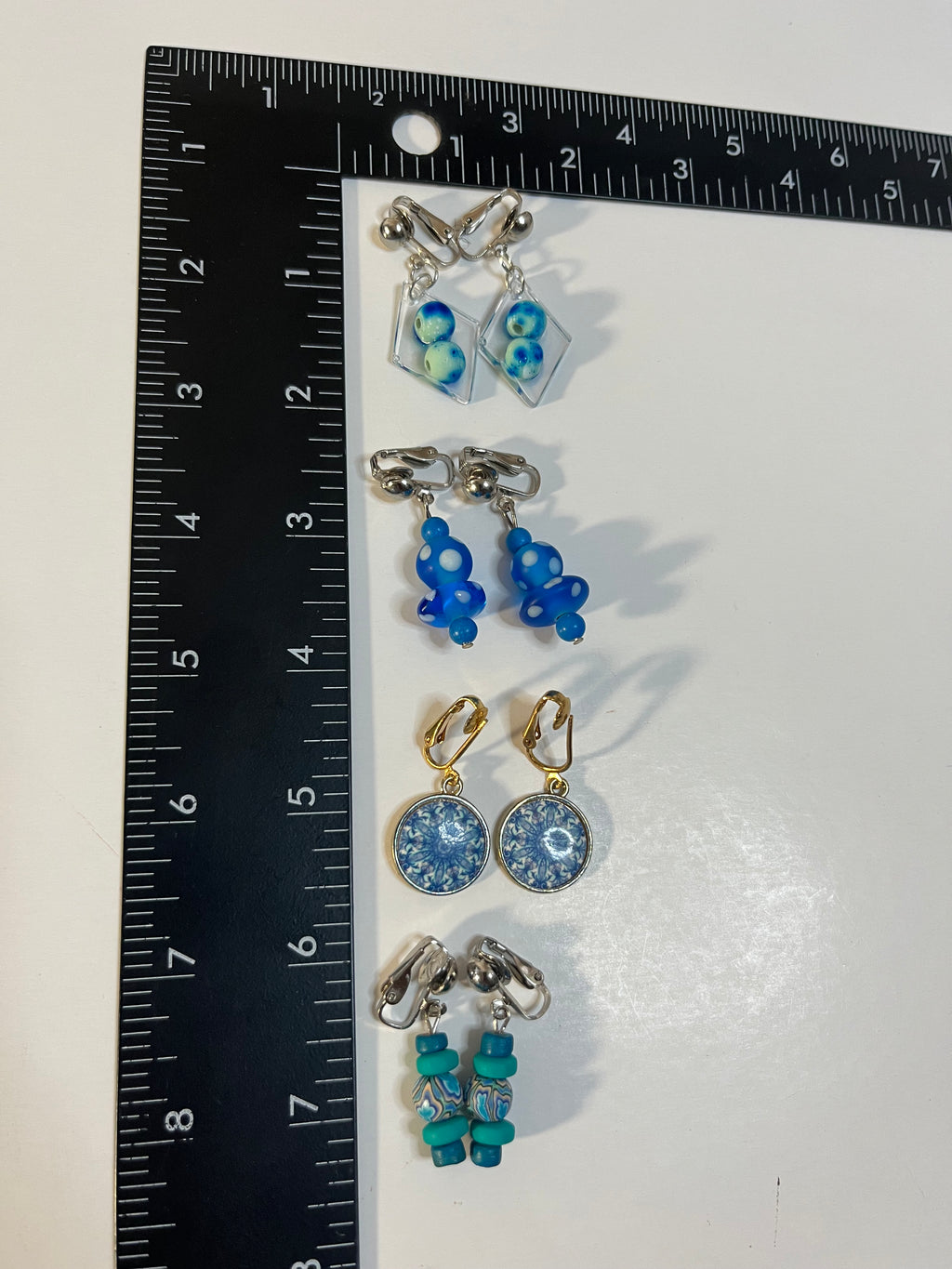 Glass & Resin Clip On Earrings 4 Pair Dangles 1" Boho Hippie USA Made F7