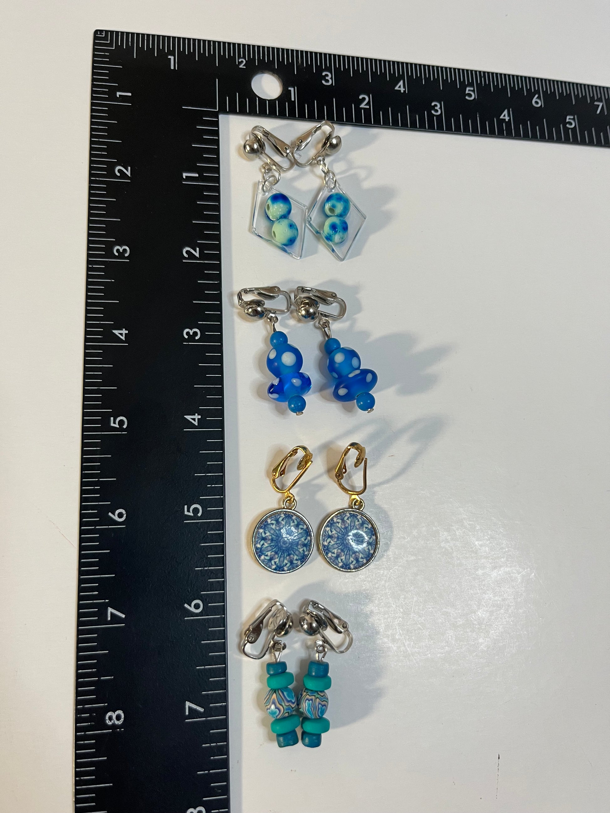 Glass & Resin Clip On Earrings 4 Pair Dangles 1" Boho Hippie USA Made F7