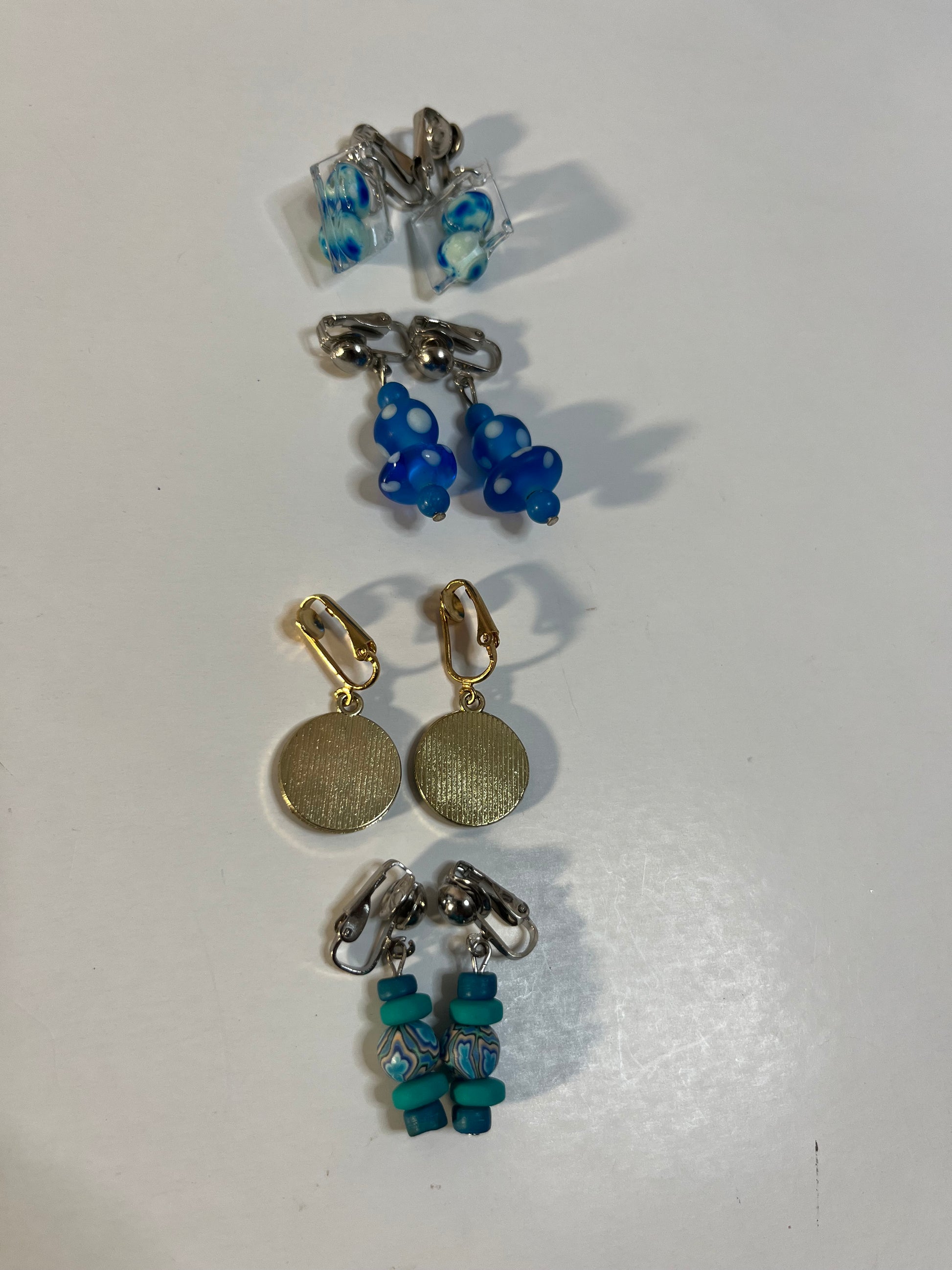 Glass & Resin Clip On Earrings 4 Pair Dangles 1" Boho Hippie USA Made F7