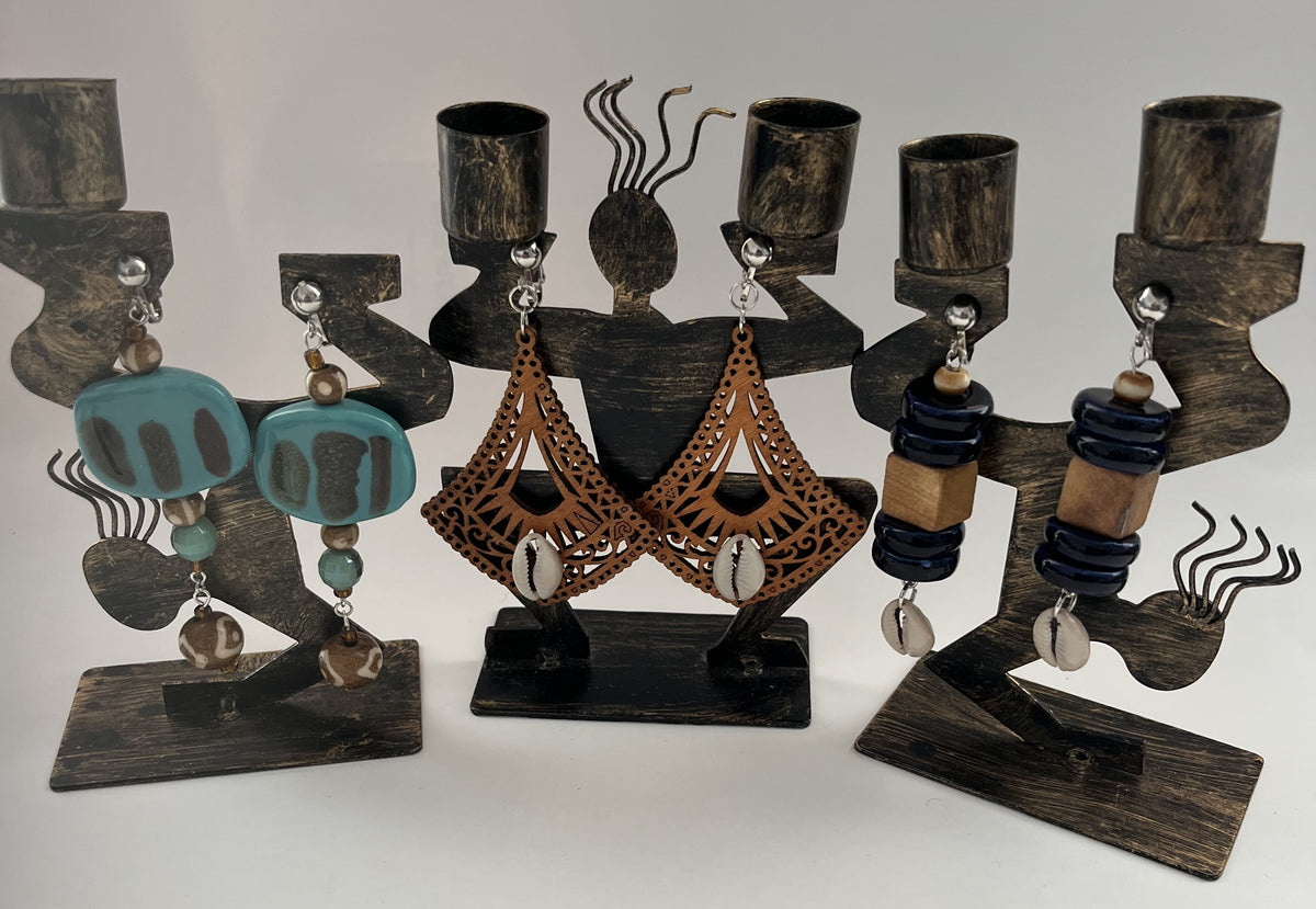 African Bone Cowrie Clip On Earrings 3 Pair Dangles 2-3" Boho Hippie USA Made E1