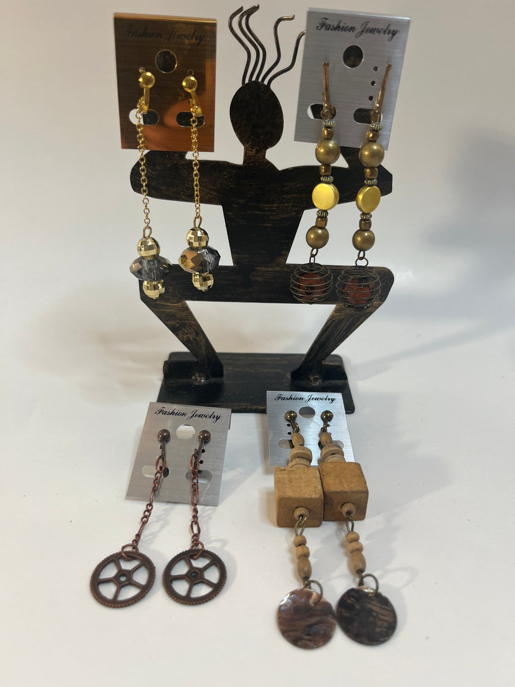 Wood & Resin Clip On Earrings 4 Pair Dangles 3" Boho Hippie USA Made G1