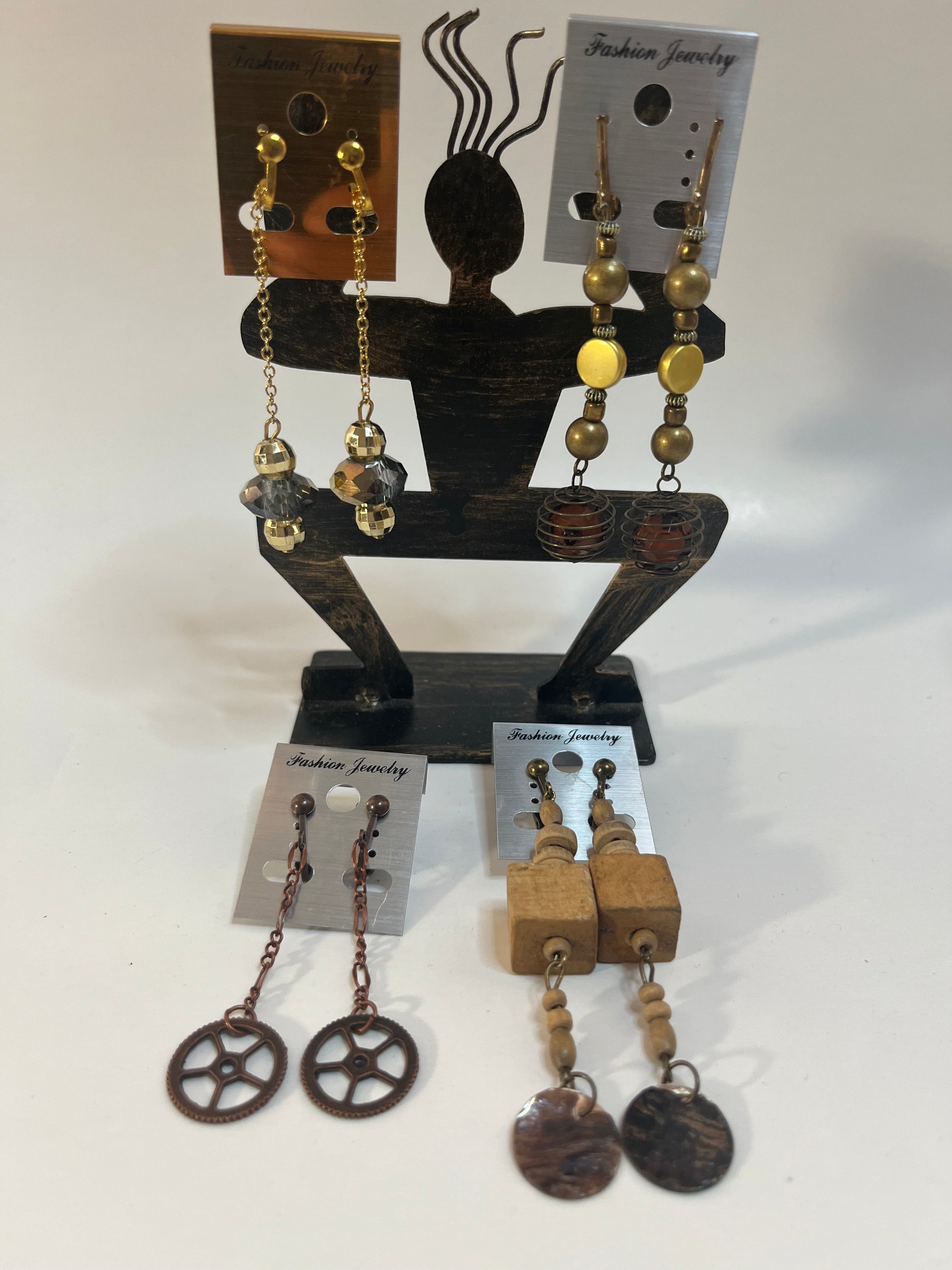 Wood & Resin Clip On Earrings 4 Pair Dangles 3" Boho Hippie USA Made G1
