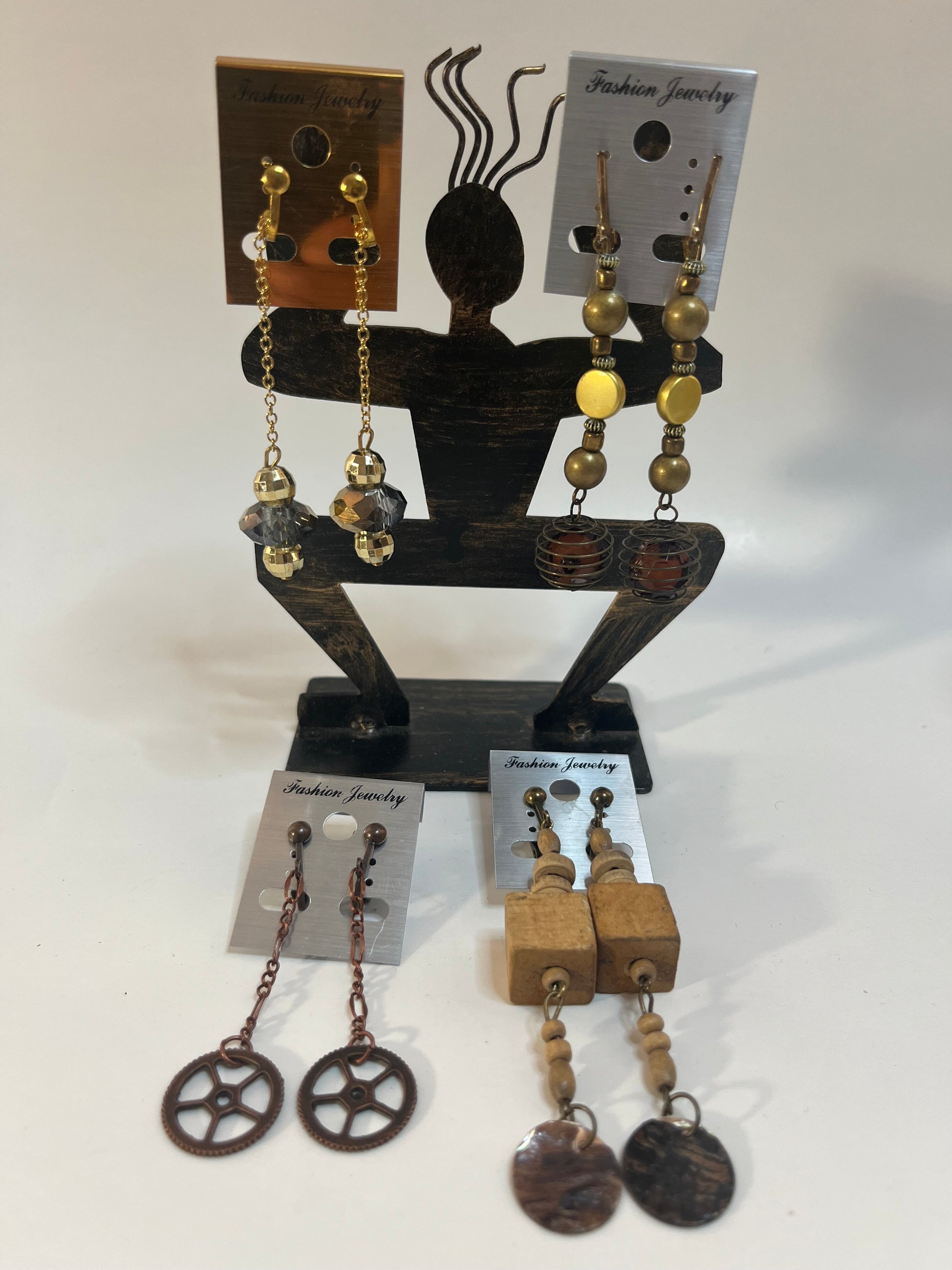 Wood & Resin Clip On Earrings 4 Pair Dangles 3" Boho Hippie USA Made G1