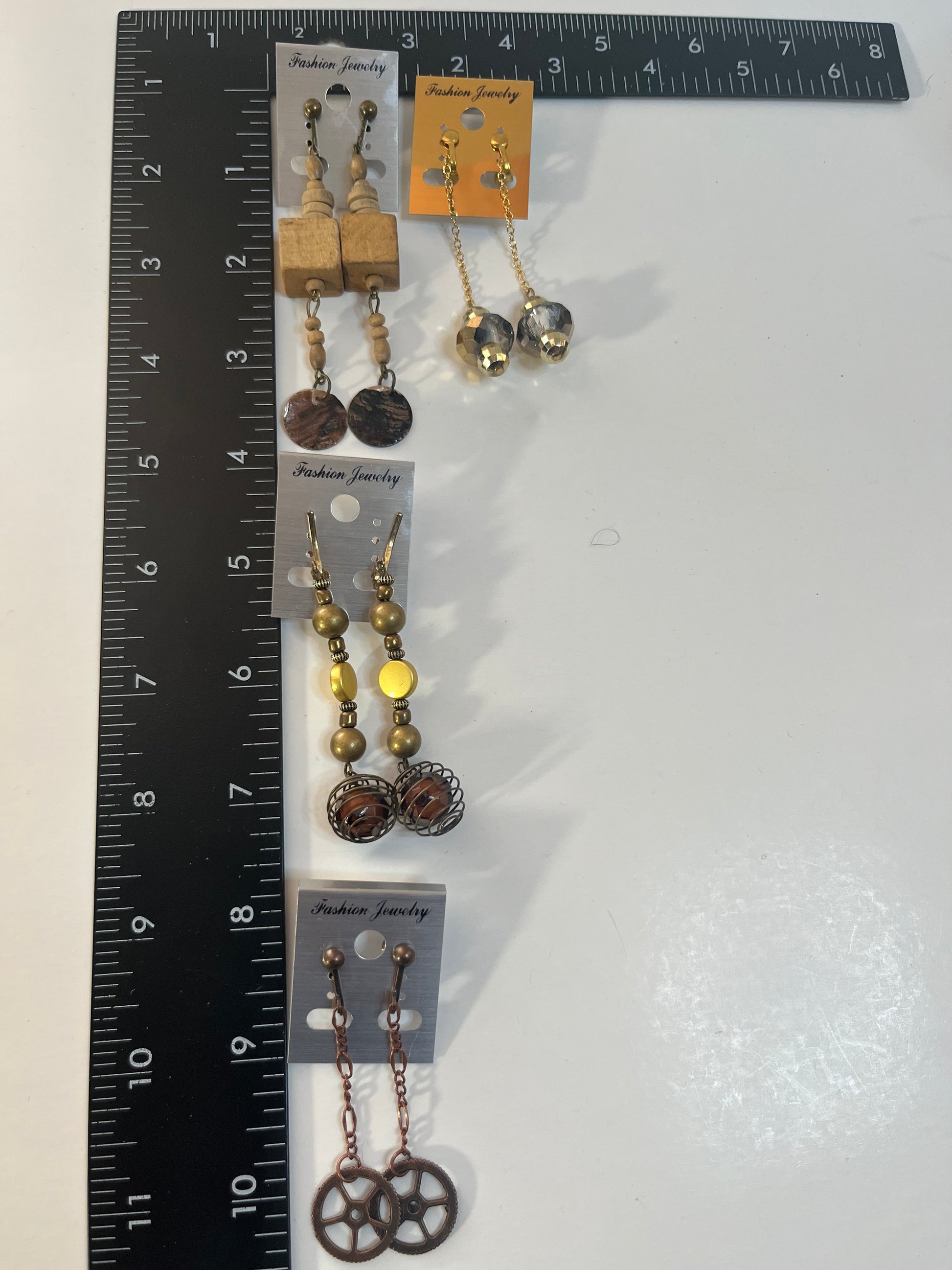 Wood & Resin Clip On Earrings 4 Pair Dangles 3" Boho Hippie USA Made G1