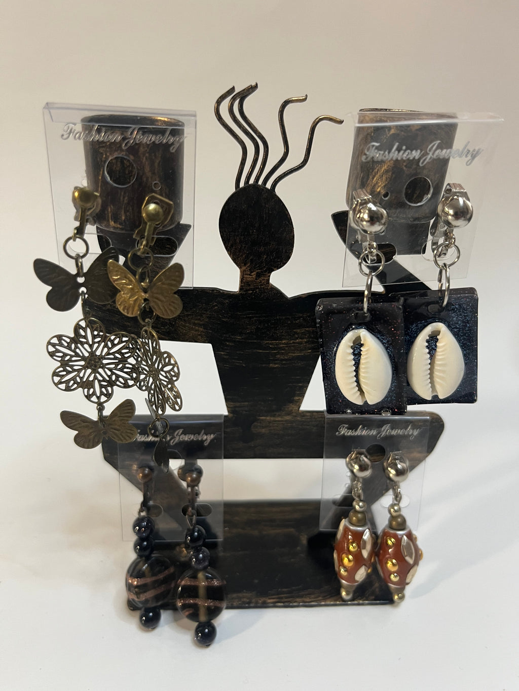 Cowrie Shells, Glass, Resin Clip On Earrings 4 Pair Dangles 3" USA Made G2