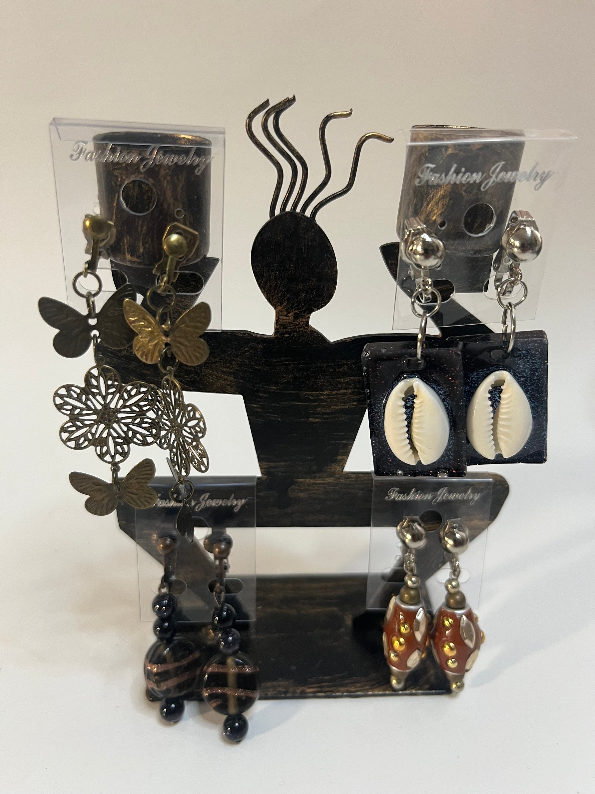 Cowrie Shells, Glass, Resin Clip On Earrings 4 Pair Dangles 3" USA Made G2