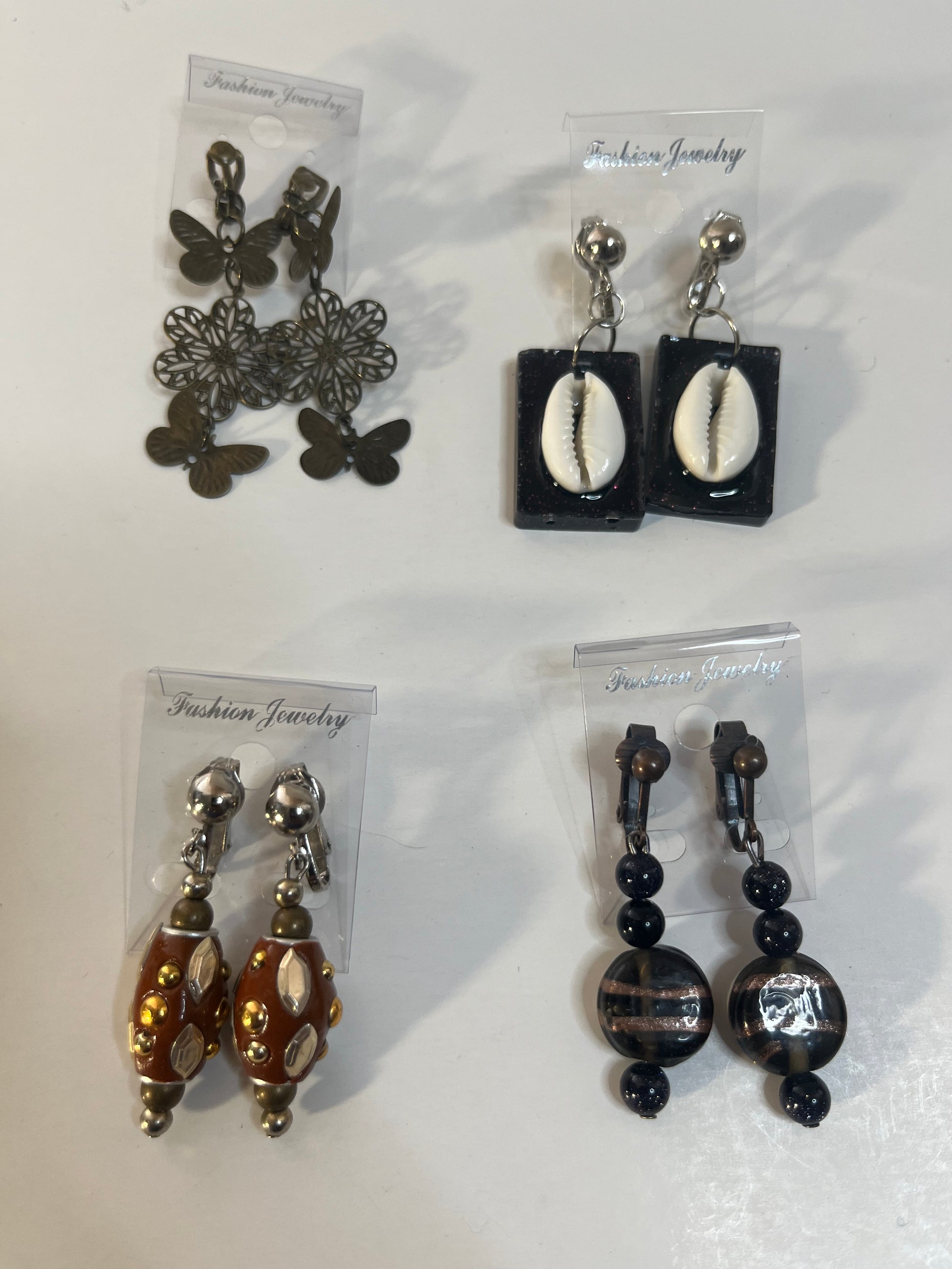 Cowrie Shells, Glass, Resin Clip On Earrings 4 Pair Dangles 3" USA Made G2