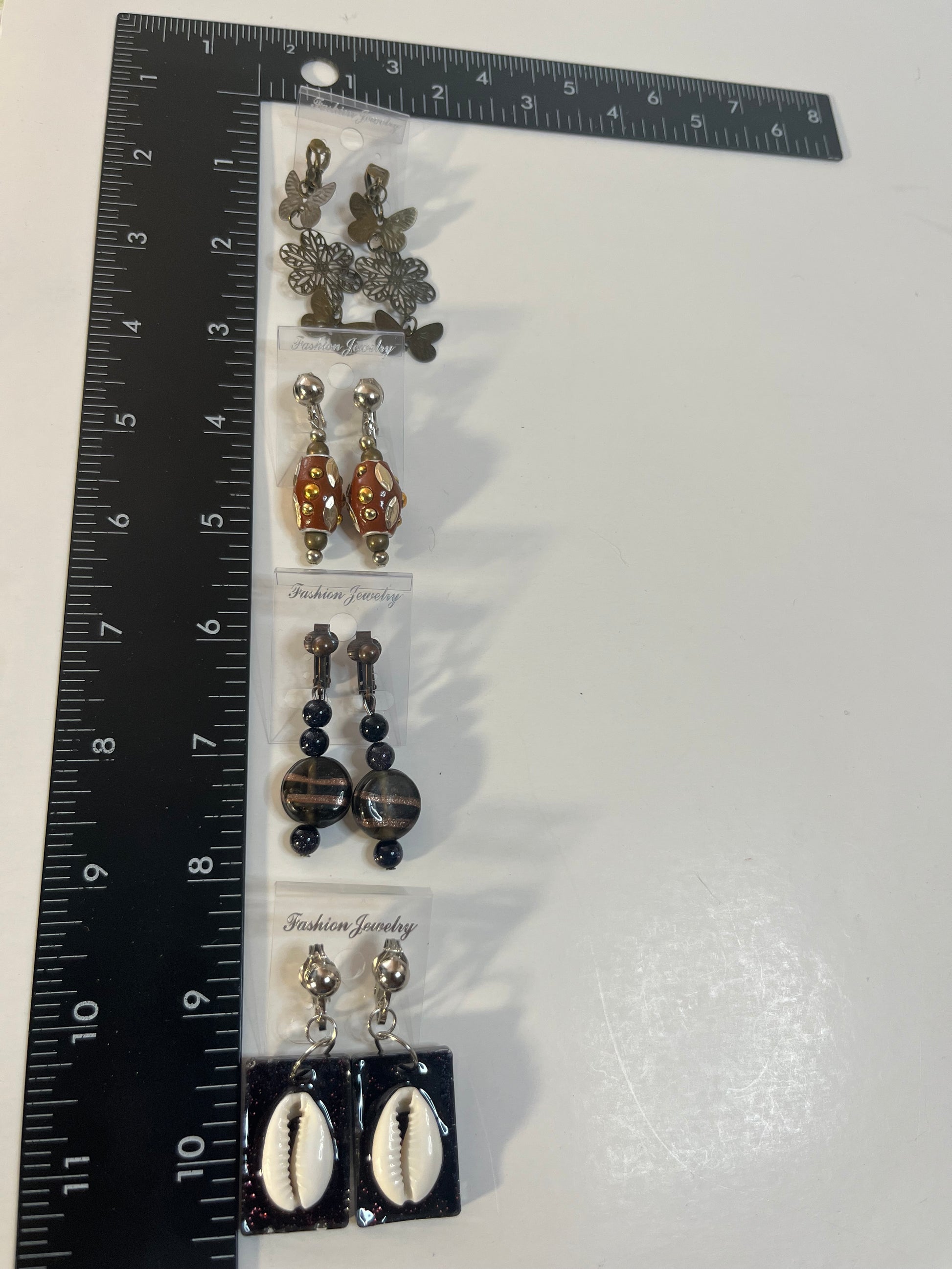 Cowrie Shells, Glass, Resin Clip On Earrings 4 Pair Dangles 3" USA Made G2