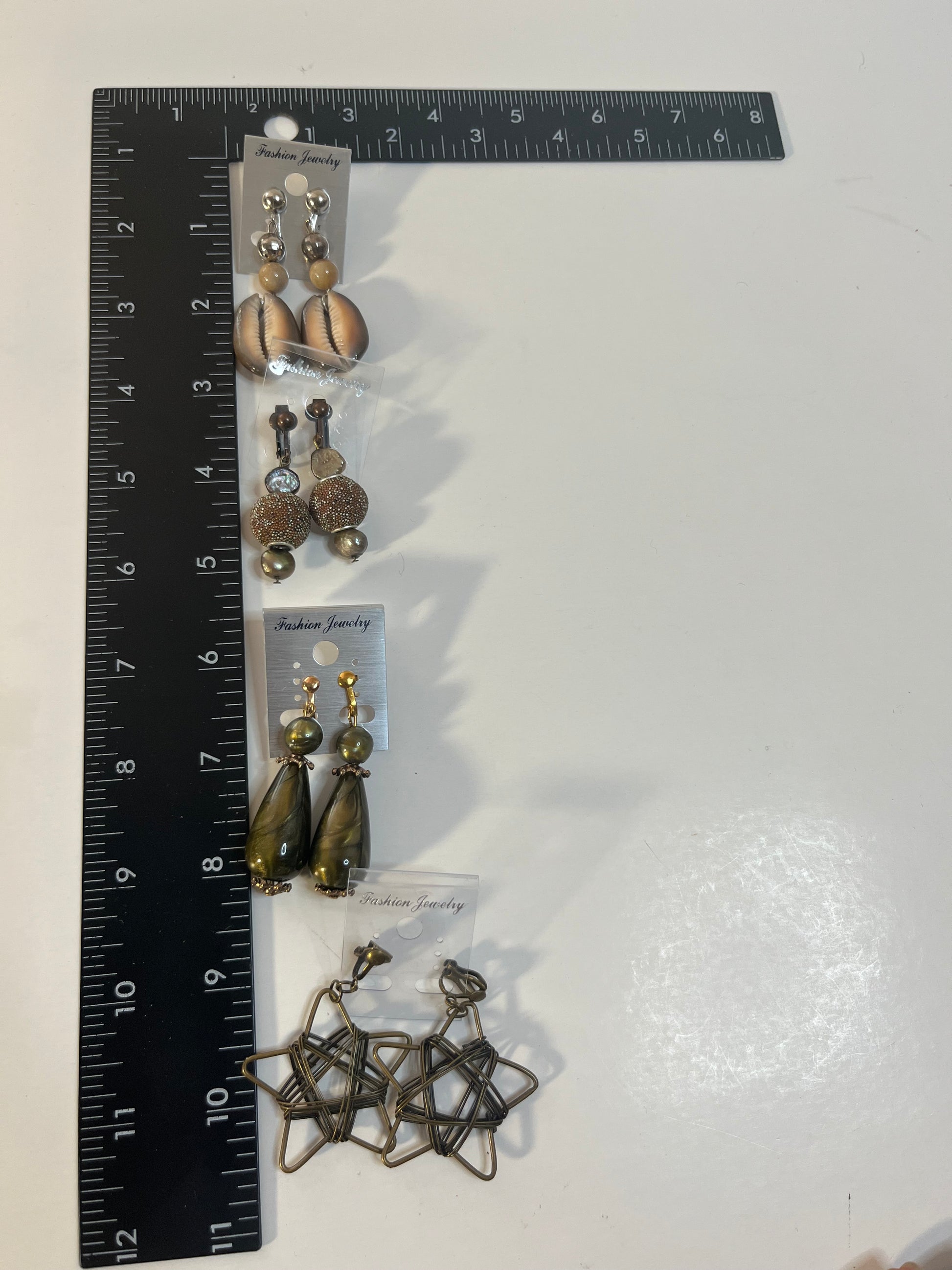 Cowrie Shells, Metal, Resin Clip On Earrings 4 Pair Dangles 1.5"-2" USA Made G3