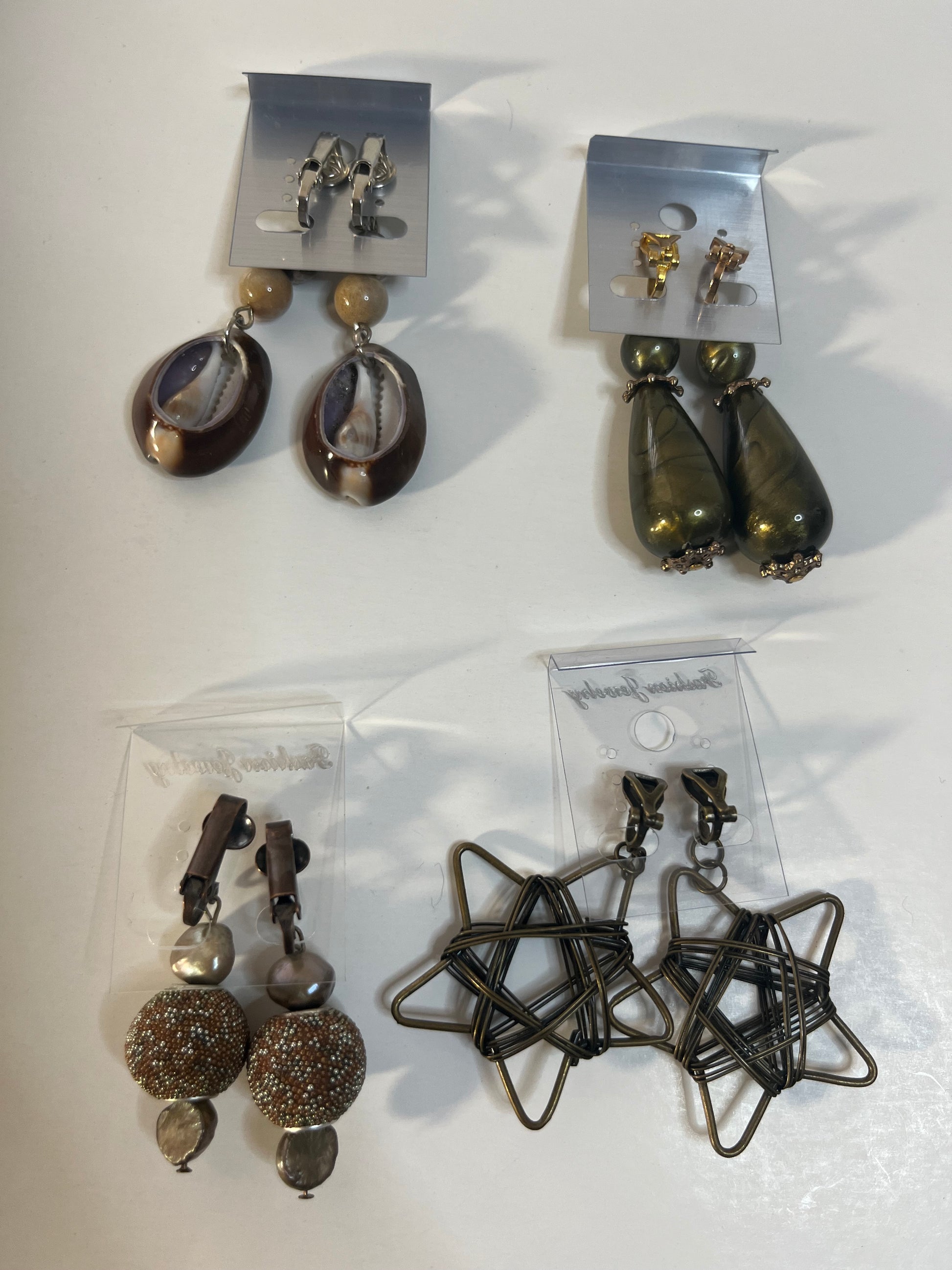 Cowrie Shells, Metal, Resin Clip On Earrings 4 Pair Dangles 1.5"-2" USA Made G3