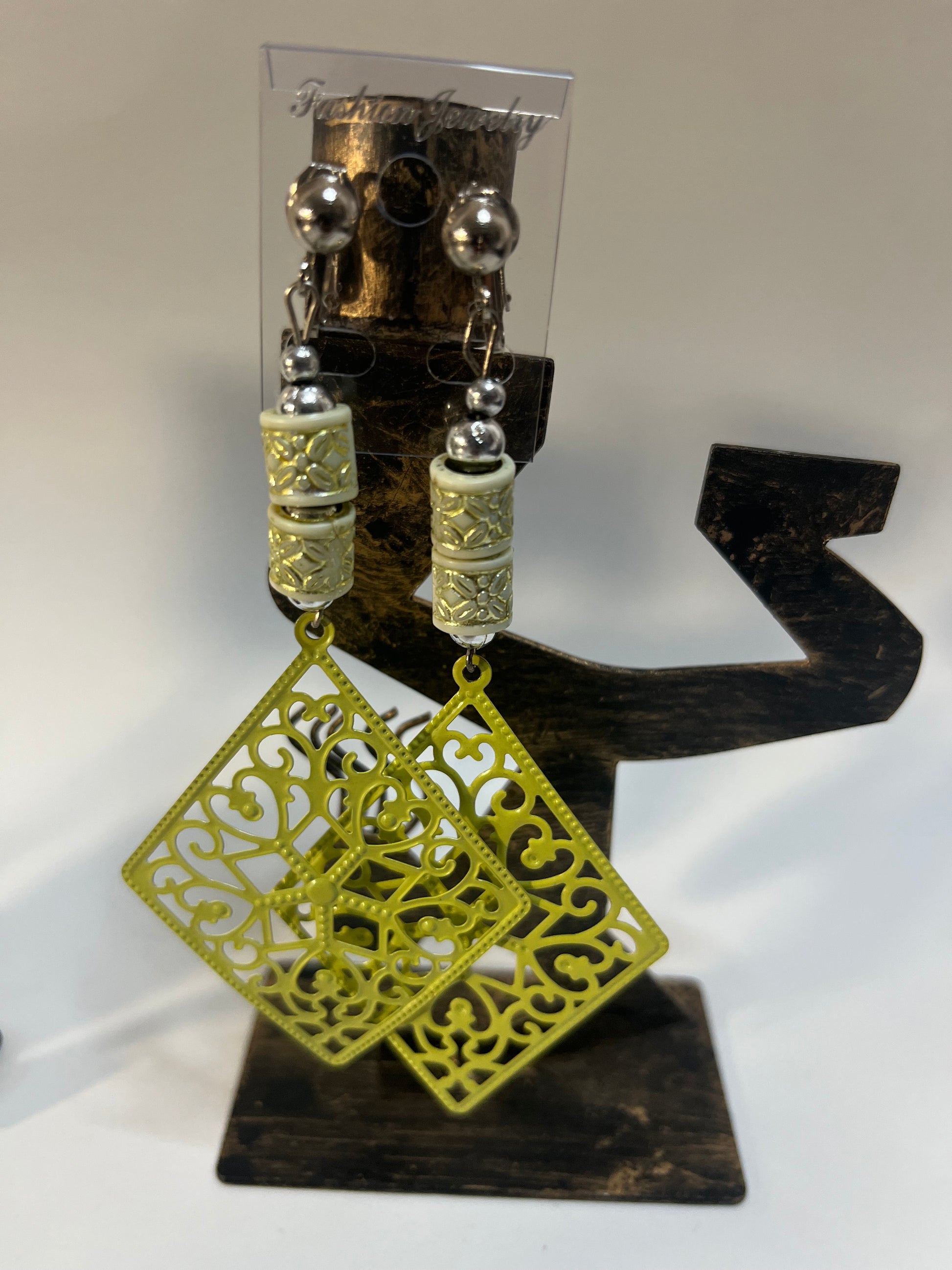 Wood Metal & Resin Clip On Earrings 4 Pair Dangles 3-4" Boho Hippie USA Made G4