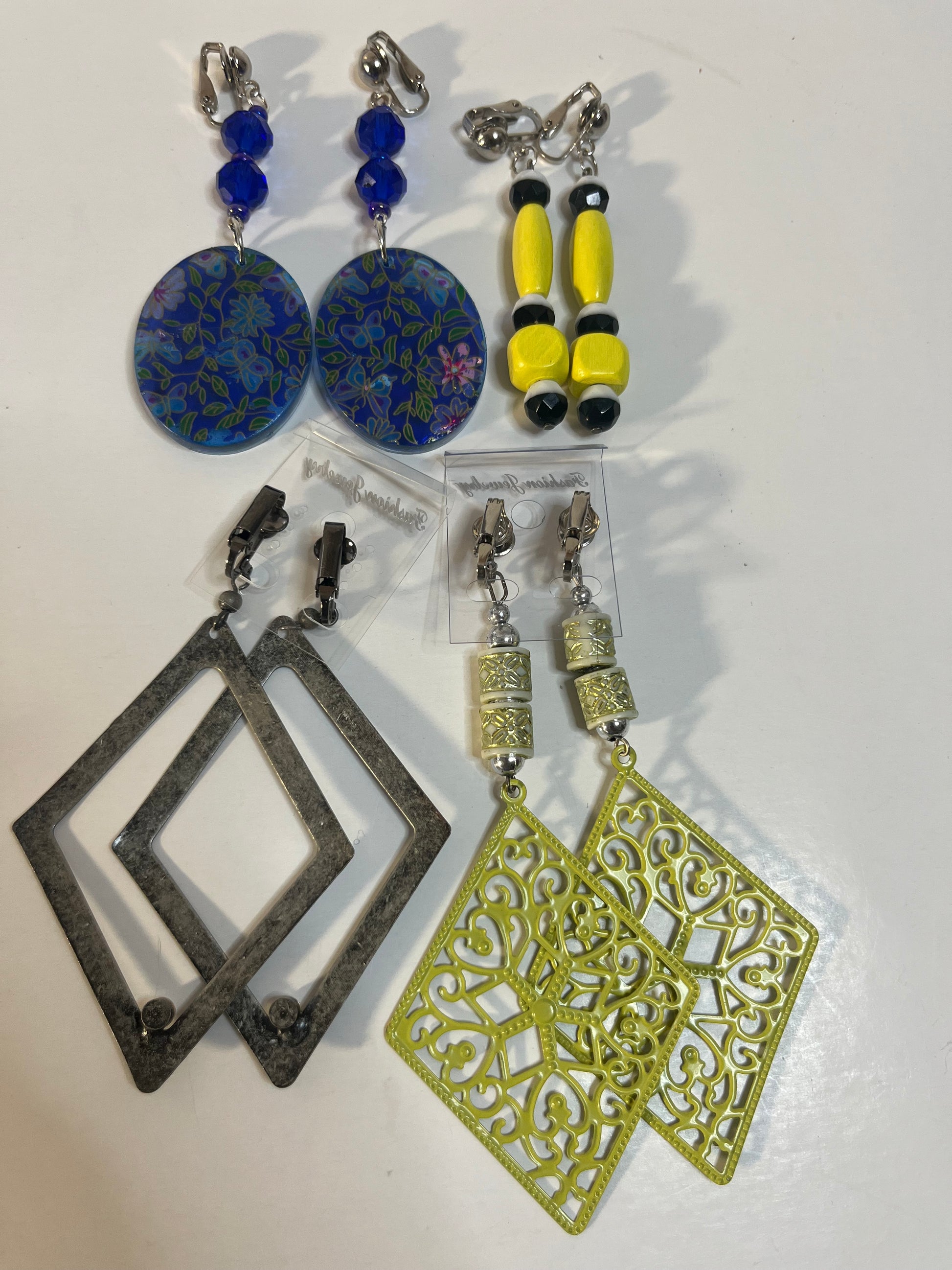 Wood Metal & Resin Clip On Earrings 4 Pair Dangles 3-4" Boho Hippie USA Made G4
