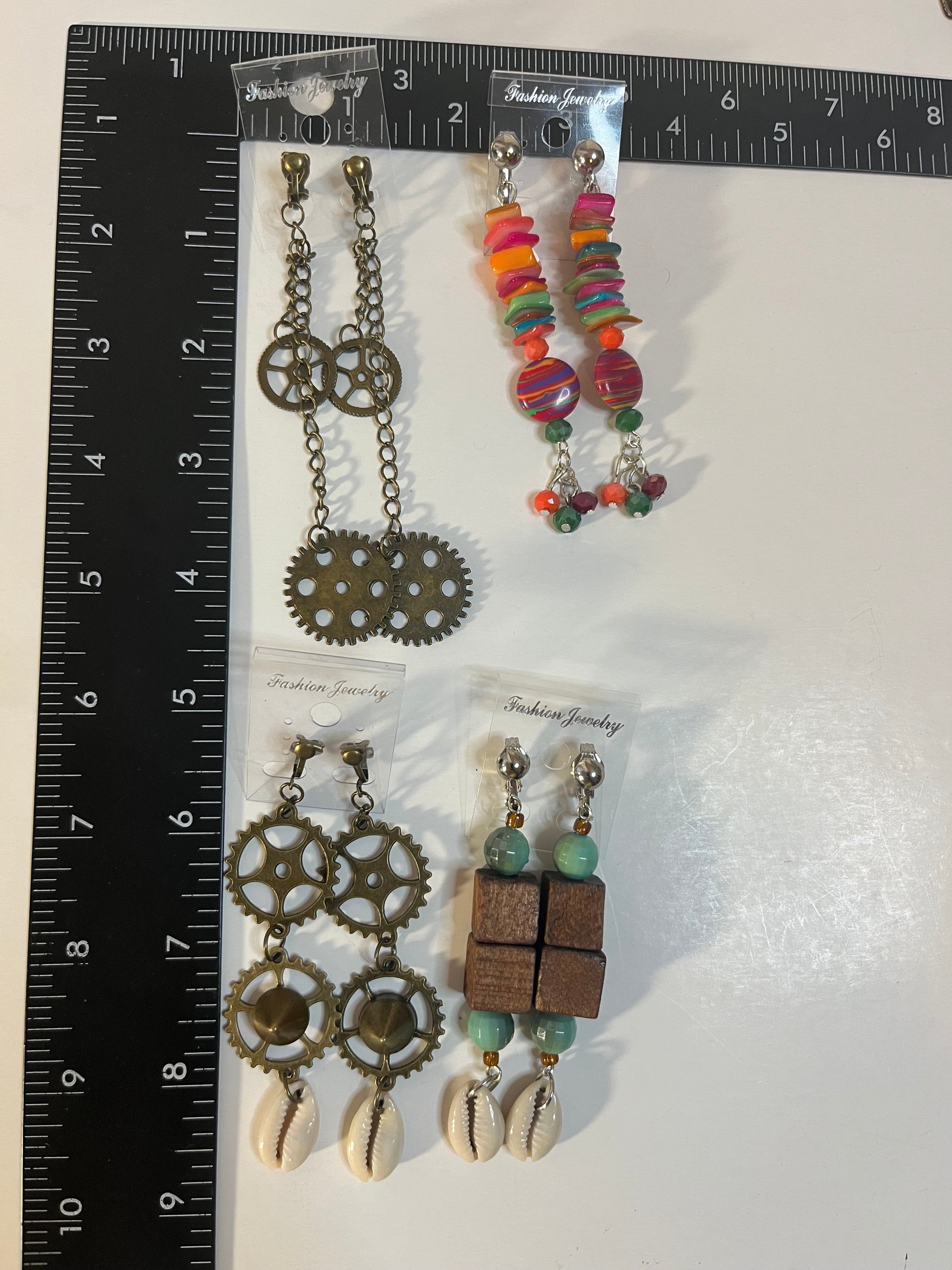 Cowrie Shells, Metal, Resin Clip On Earrings 4 Pair Dangles 2"-4" USA Made G5