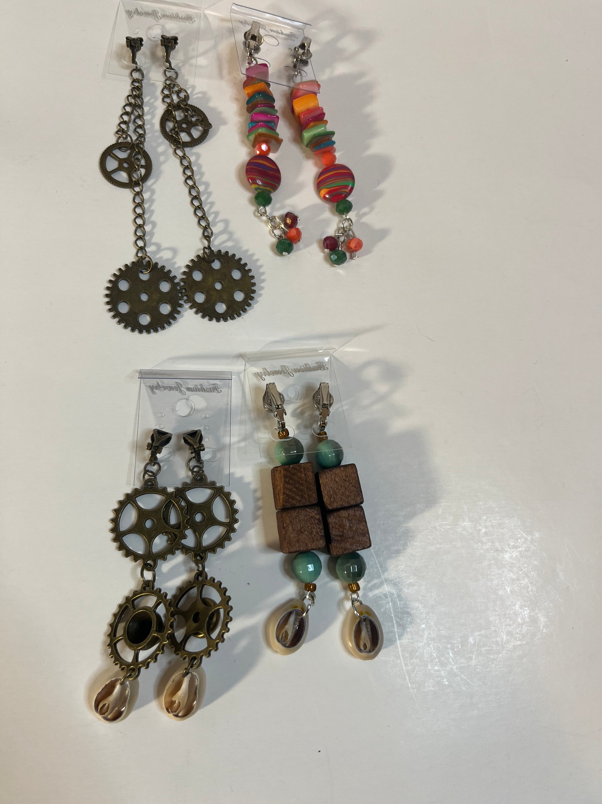 Cowrie Shells, Metal, Resin Clip On Earrings 4 Pair Dangles 2"-4" USA Made G5
